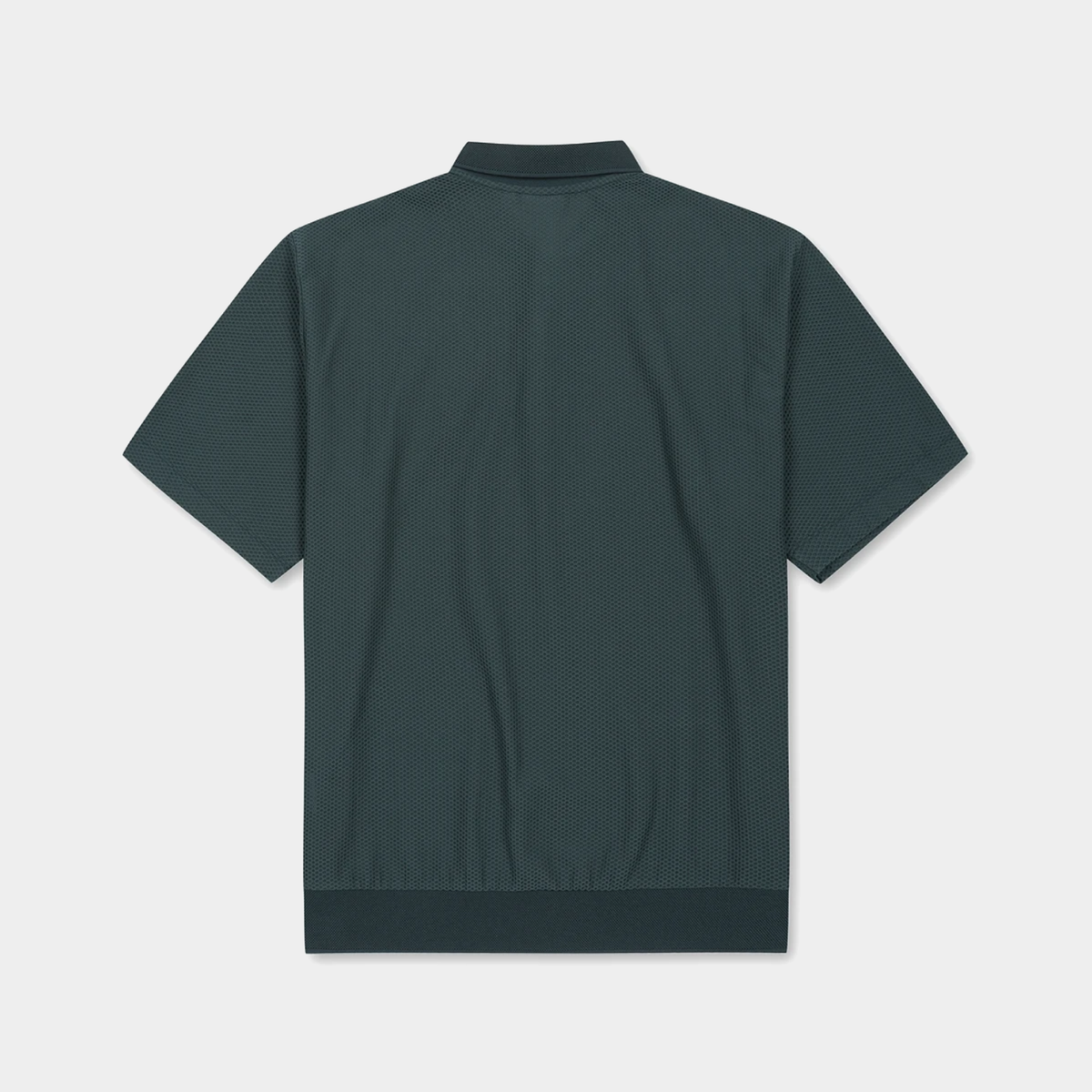 A dark green short-sleeve polo shirt shown from the back, featuring a ribbed collar, hem, and sleeve cuffs, displayed on a light gray background.