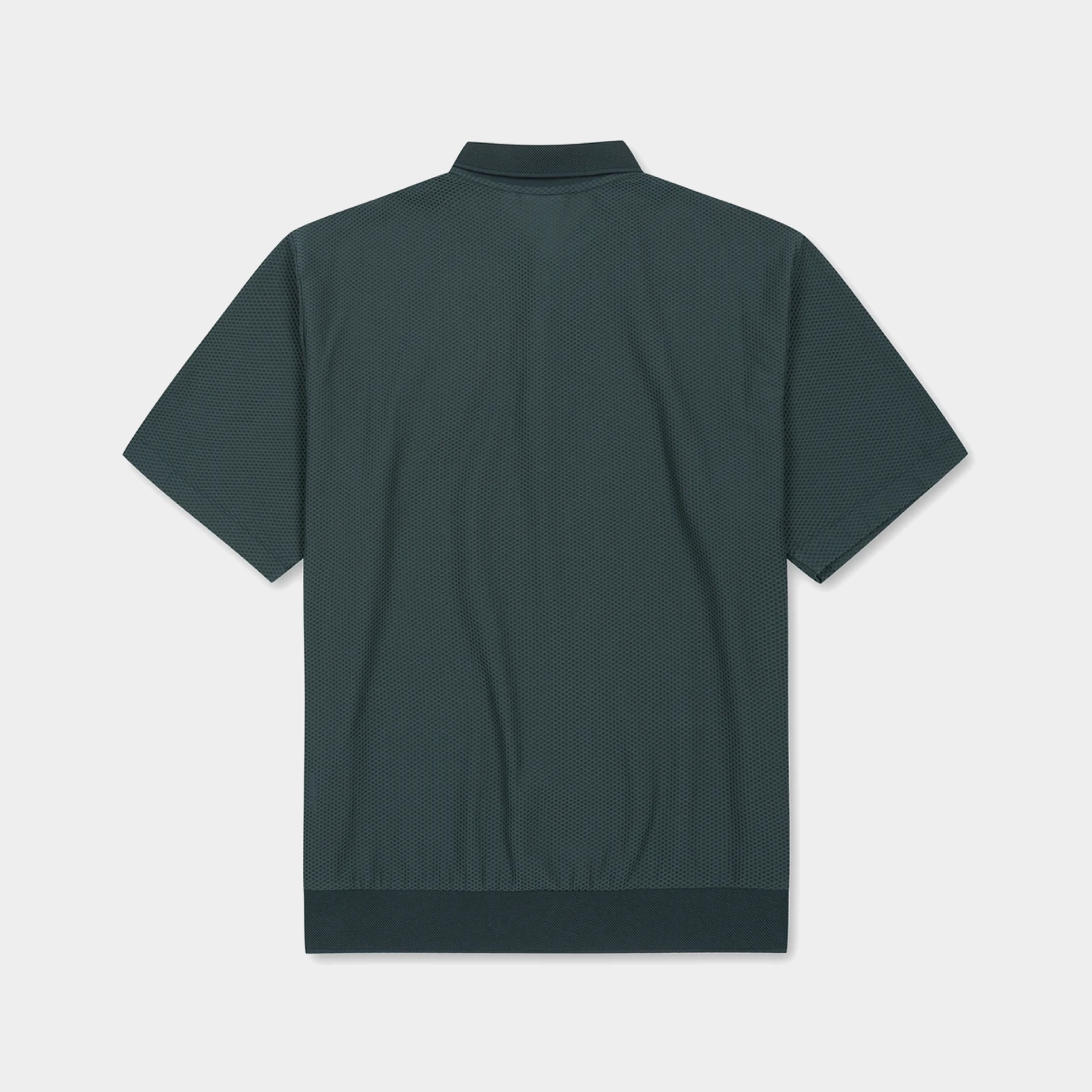 A dark green short-sleeve polo shirt shown from the back, featuring a ribbed collar, hem, and sleeve cuffs, displayed on a light gray background.