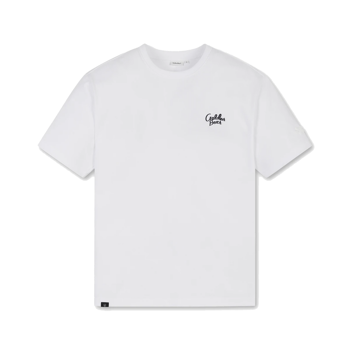 A white short-sleeve crewneck t-shirt with a small black script logo on the left chest reading 'Golden Bear'.