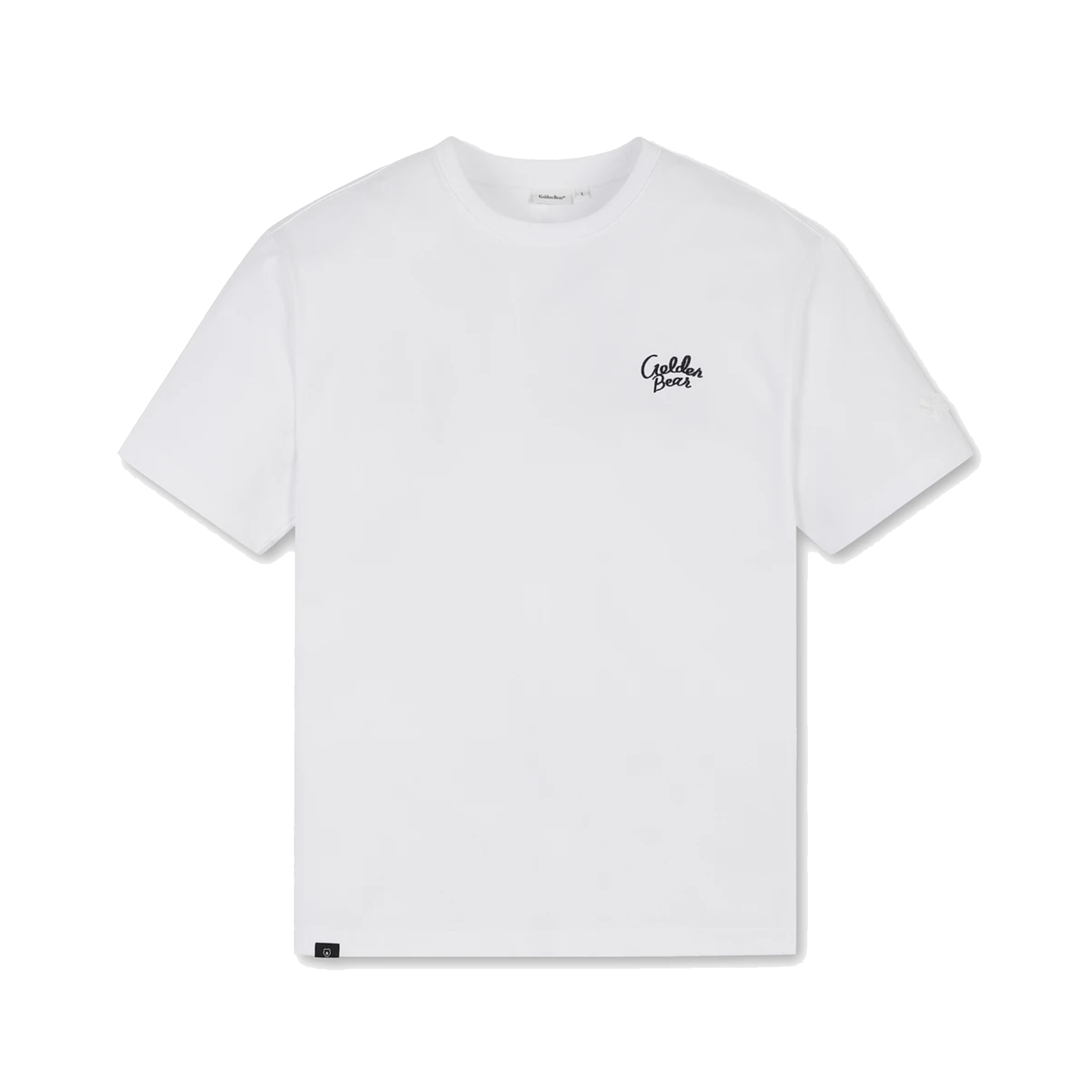 A white short-sleeve crewneck t-shirt with a small black script logo on the left chest reading 'Golden Bear'.