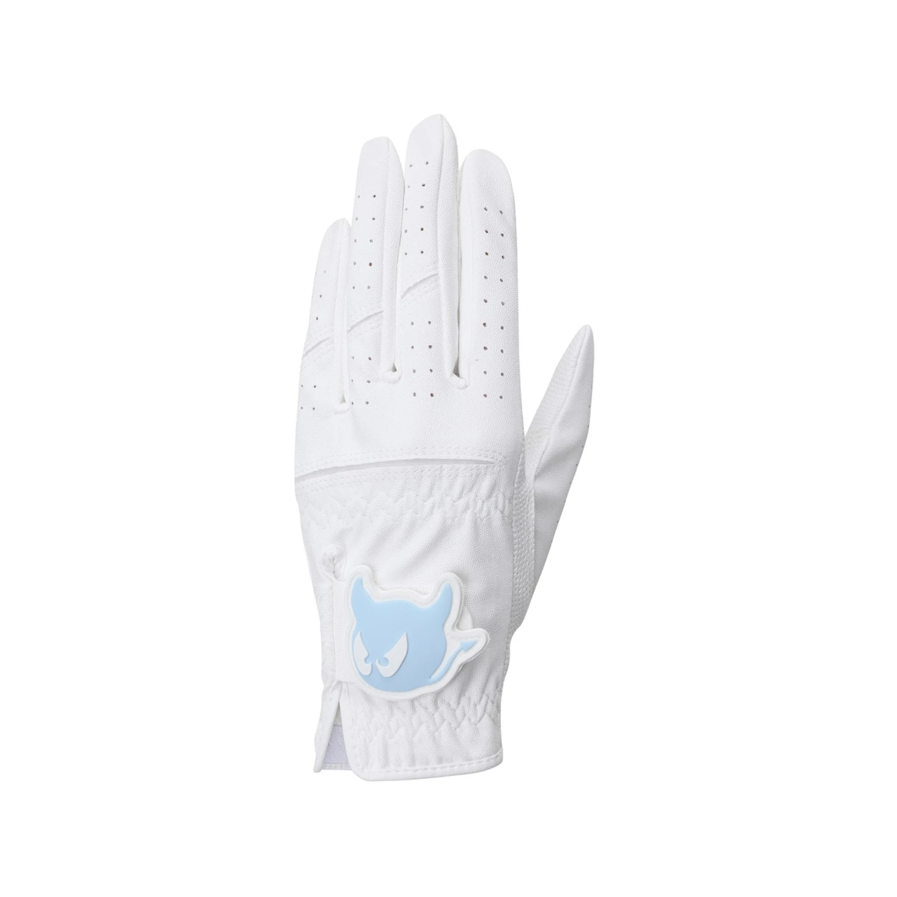 Women's 3-Pack Golf Gloves - White. Three white golf gloves with a clean, minimalist design, perforated fingers for breathability, and a soft blue logo patch on the wrist closure.