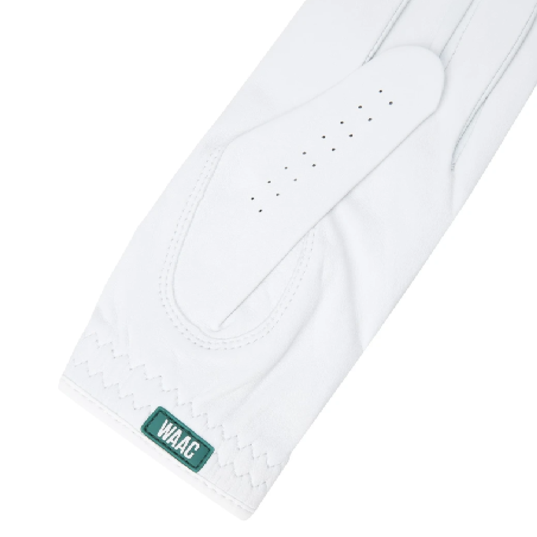 A close-up of a white athletic sleeve featuring a green rectangular patch with the text 'WAAC' on the cuff, set against a plain white background.
