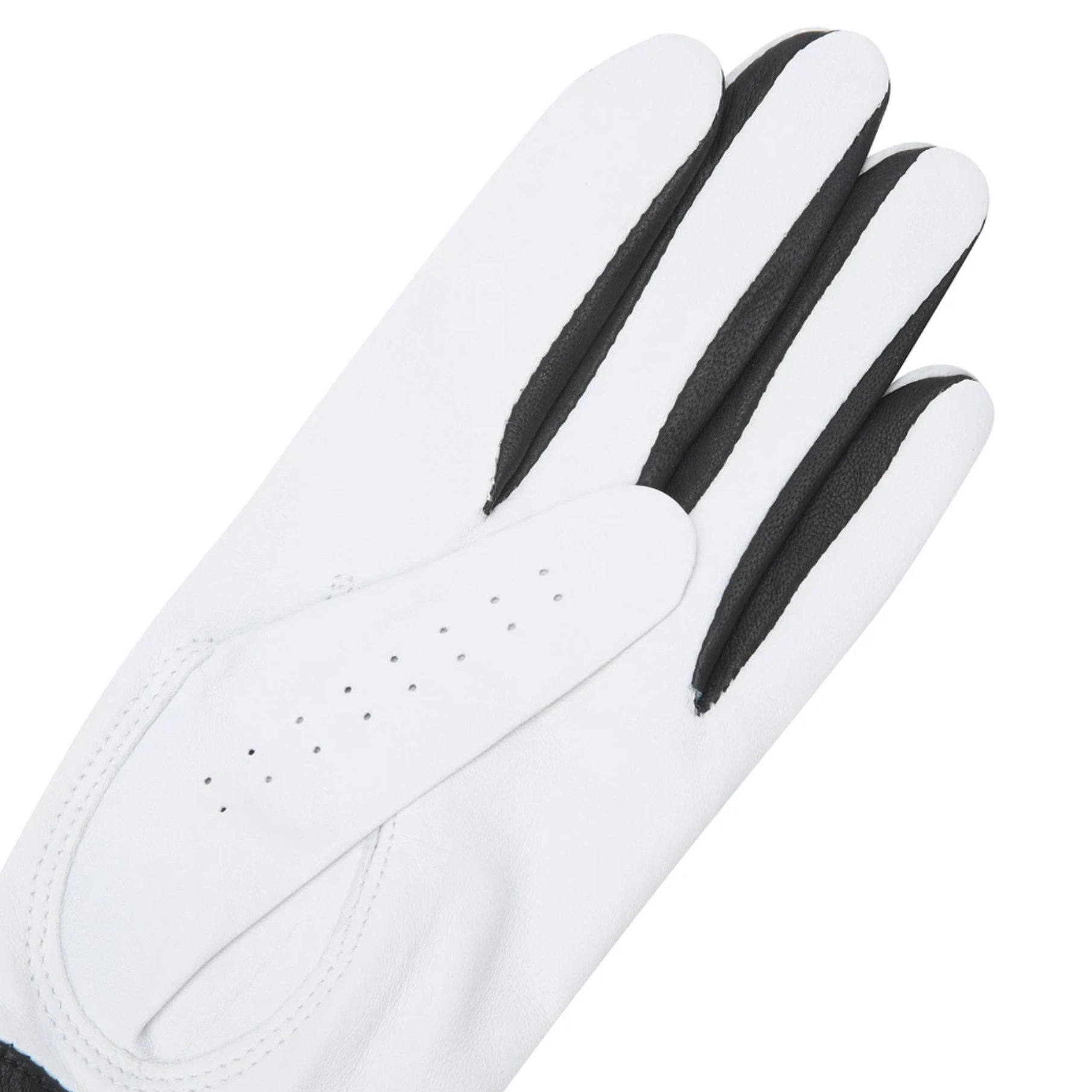 Close-up of the palm side of the Women's Color Golf Glove in black and white, featuring a smooth white leather grip, perforated thumb panel for breathability, and black finger side accents.
