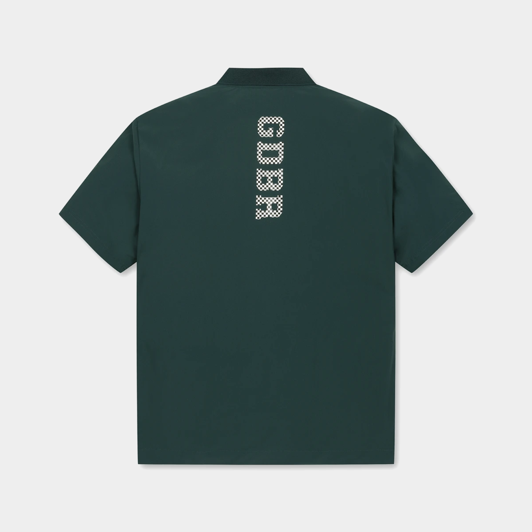 A dark green short-sleeve polo shirt shown from the back, featuring a vertical white dotted 'GDBR' text graphic on the upper back, set against a light gray background.