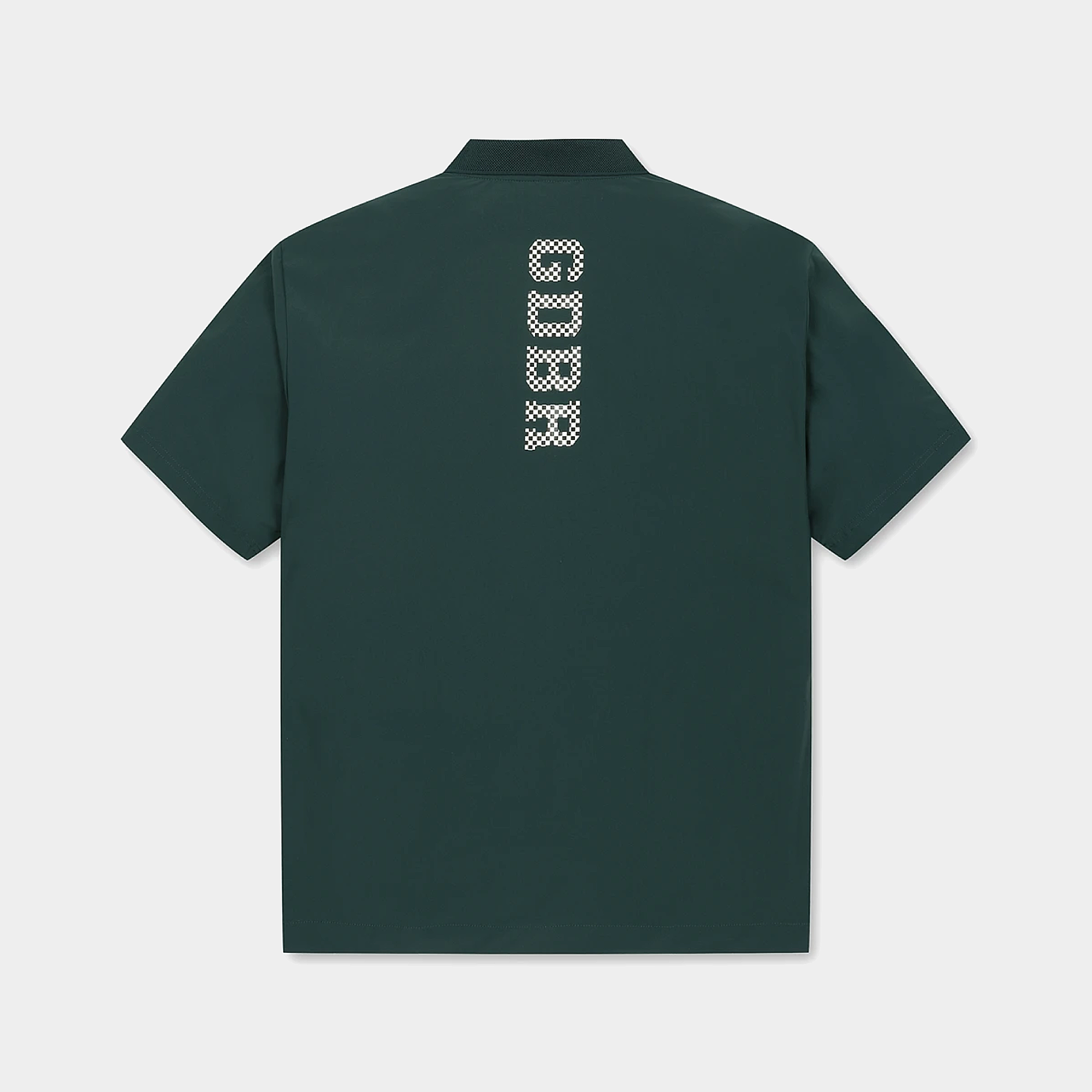 A dark green short-sleeve collared shirt shown from the back, featuring a vertical white and black checkered 'GARR' logo printed on the upper back, set against a light gray background.