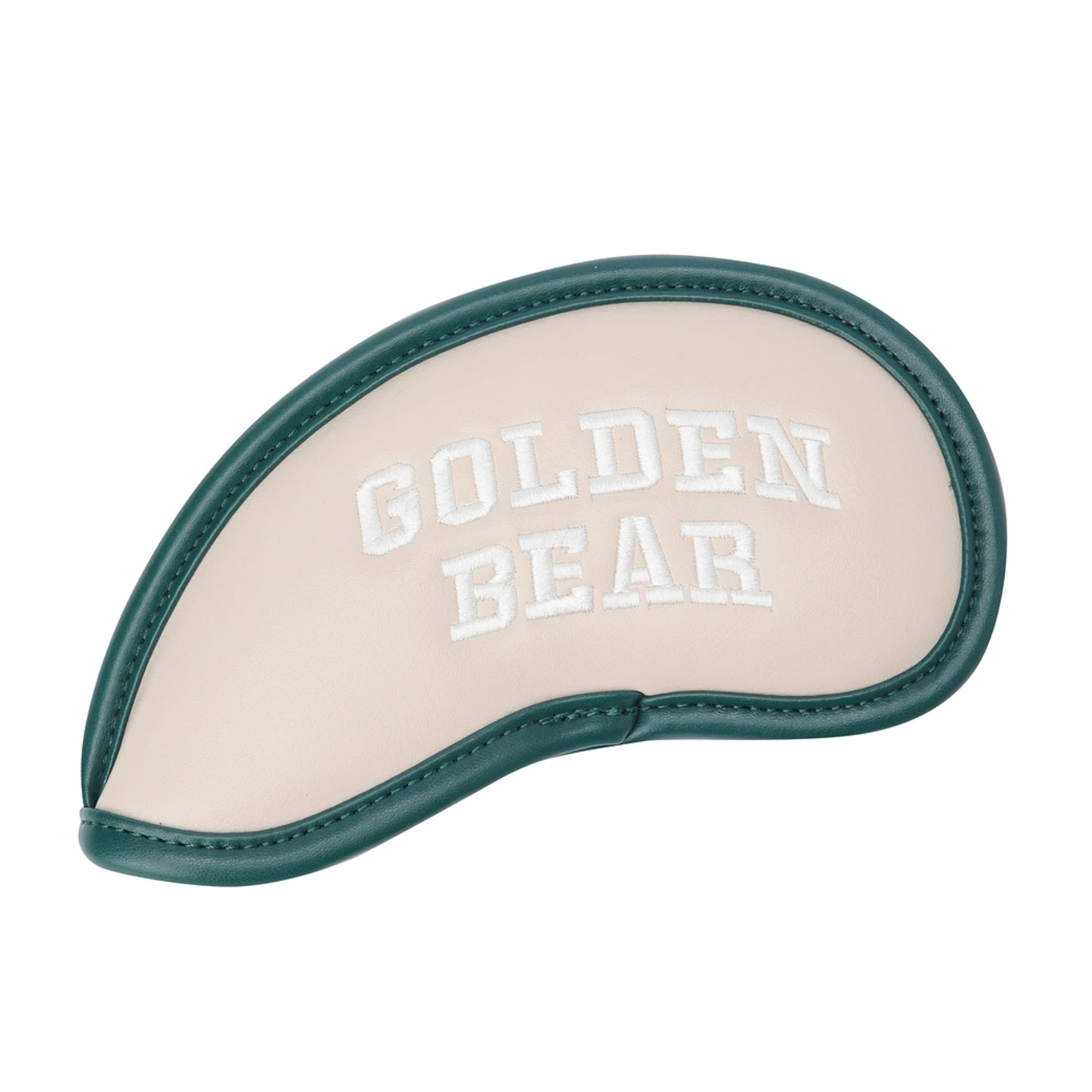 A golf club headcover with a cream-colored face, dark green leather trim, and white embroidered text reading 'GOLDEN BEAR'.