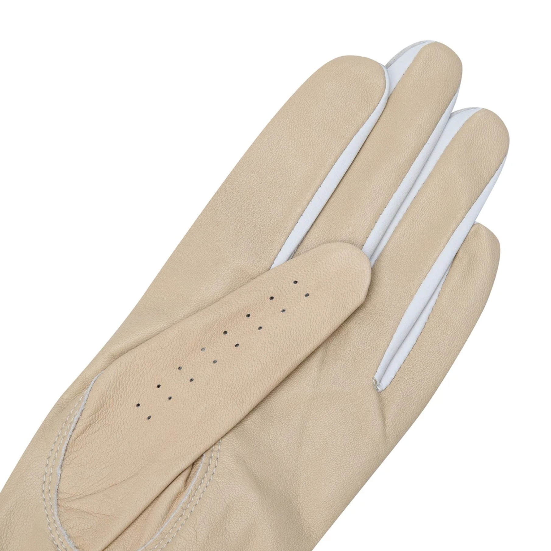 A close-up of a light beige leather glove with white contrast stitching and a row of small perforations on the back of the hand, shown against a plain white background.