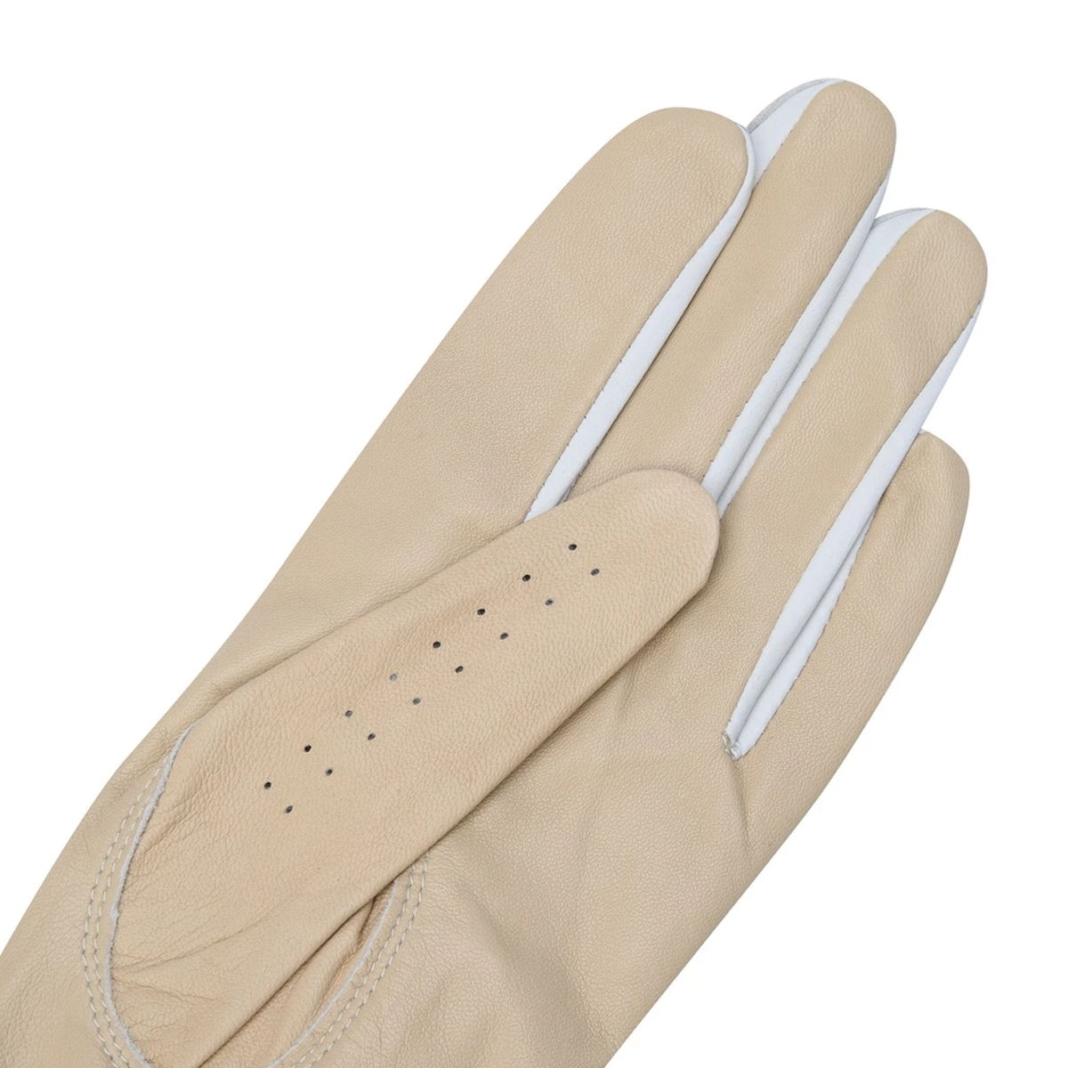A close-up of a light beige leather glove with white contrast stitching and a row of small perforations on the back of the hand, shown against a plain white background.