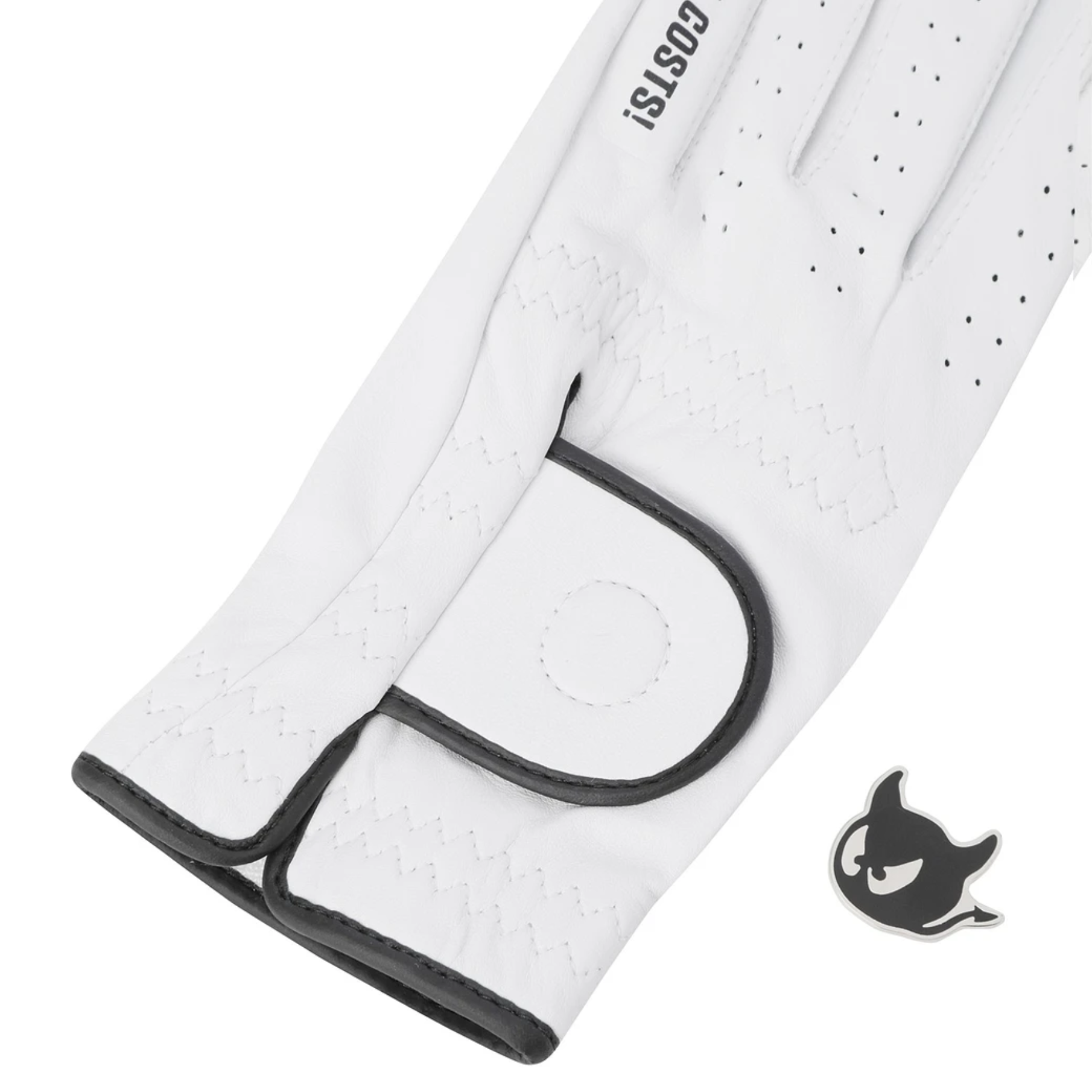 A close-up of a white golf glove with black trim and a hook-and-loop closure, featuring the brand name COSTS printed on the back of the hand and a small devil logo in the lower right corner.