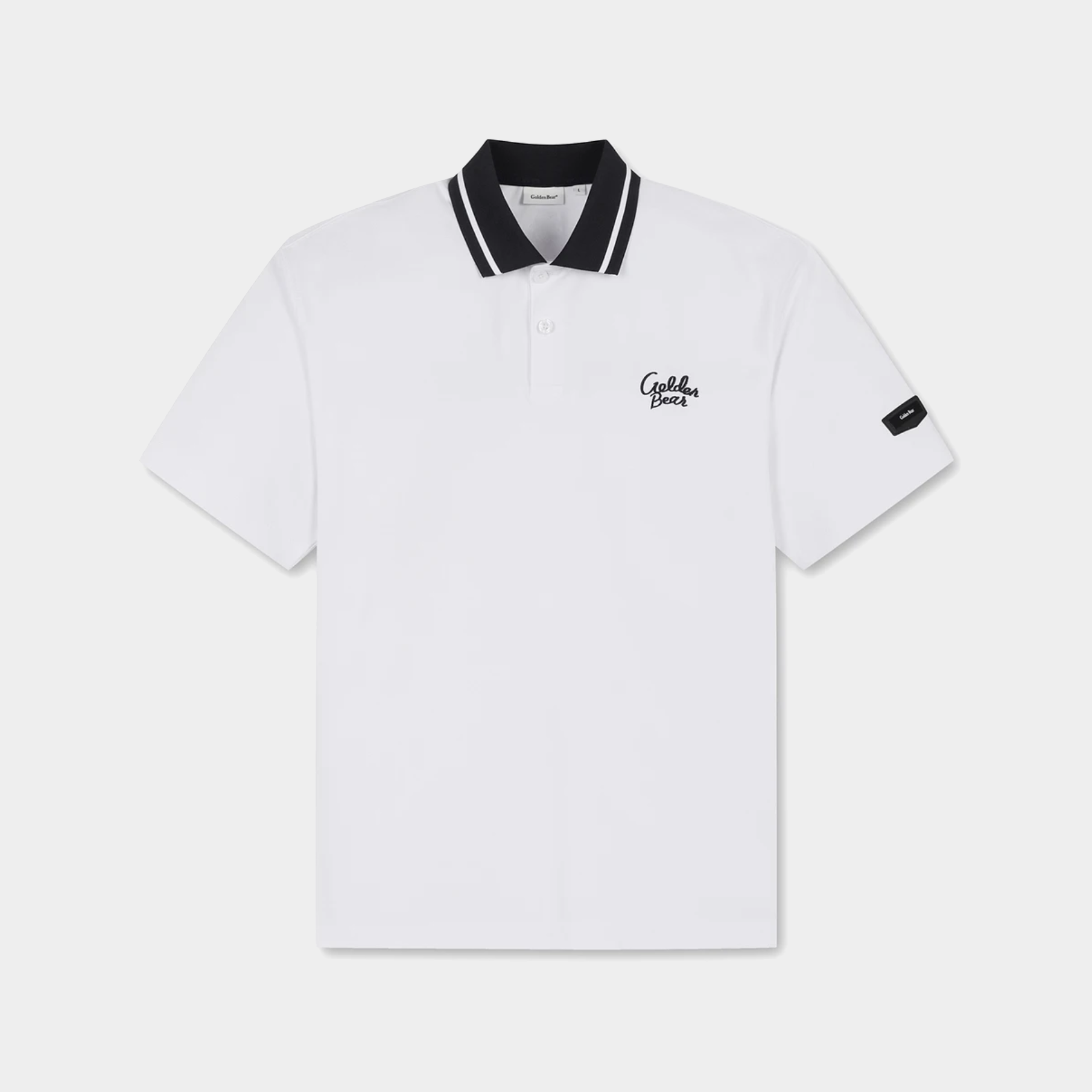 A white short-sleeve polo shirt with a black and white striped collar, featuring a black embroidered 'Ciplia' logo on the left chest and a black sleeve patch, shown against a light gray background.