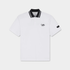 A white short-sleeve polo shirt with a black and white striped collar, featuring a black embroidered &