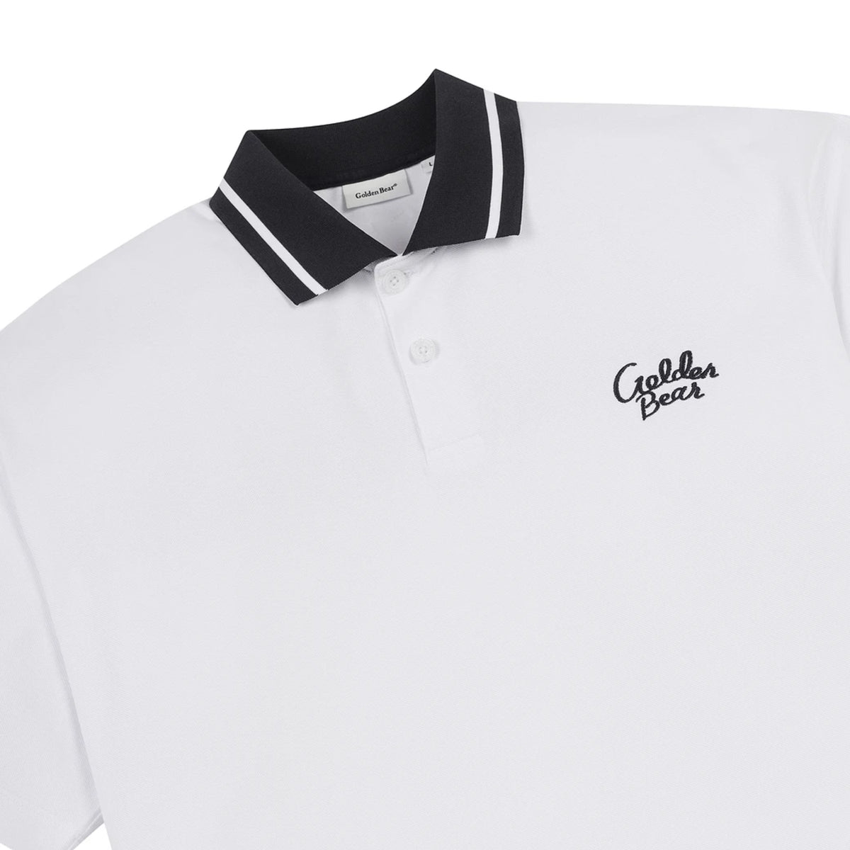 White short-sleeve polo shirt with a black and white striped collar and a black embroidered 'Golden Bear' logo on the left chest.
