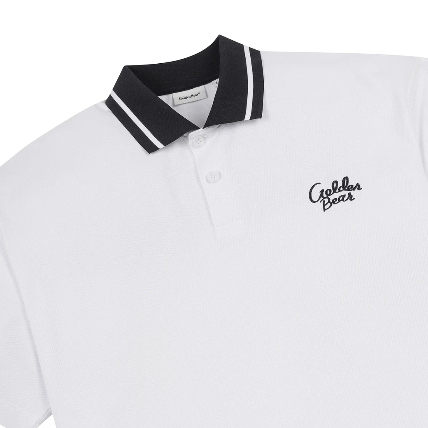 White short-sleeve polo shirt with a black and white striped collar and a black embroidered 'Golden Bear' logo on the left chest.