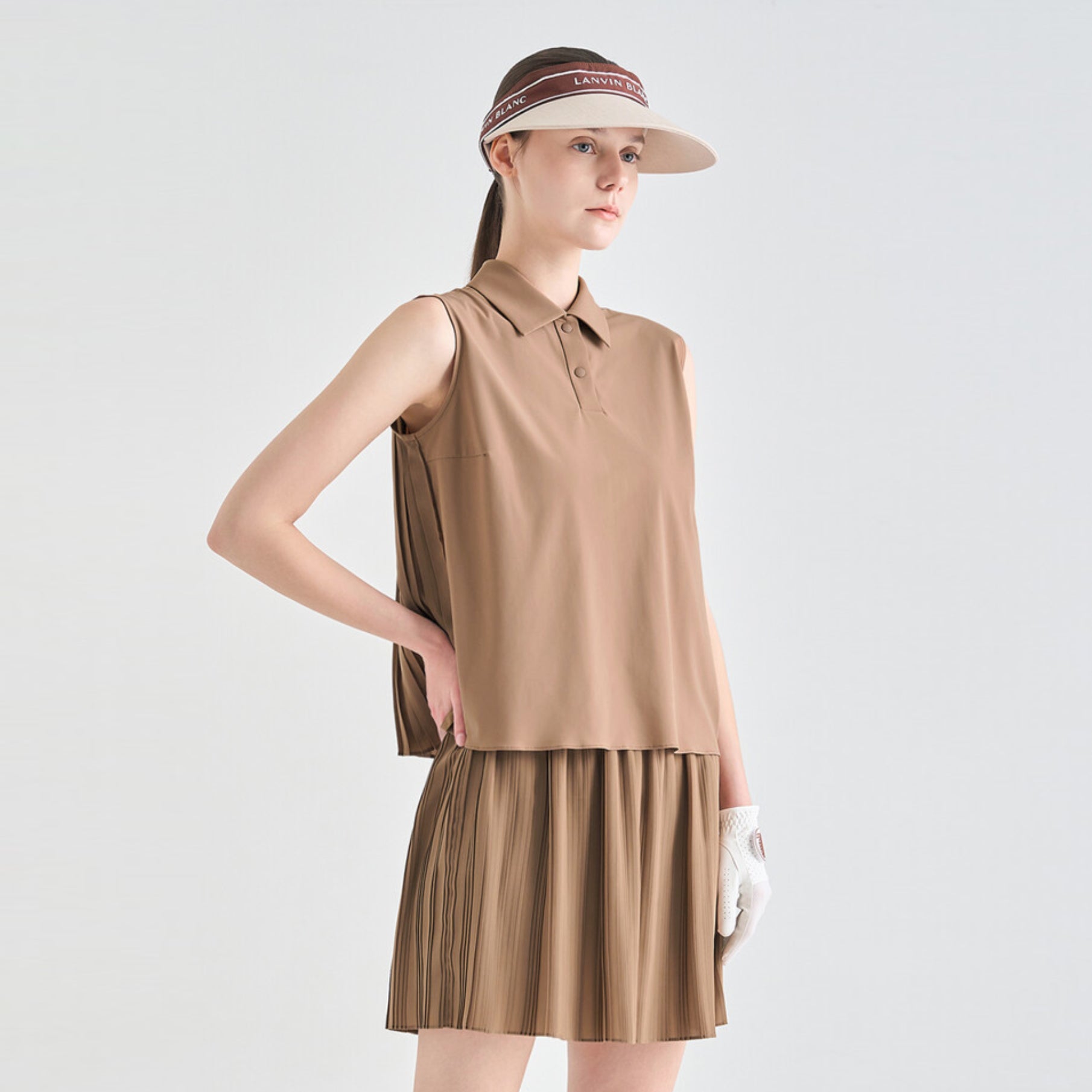 Women's Pleated Sleeveless Polo - Camel - Erthe Golf