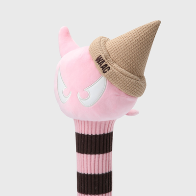A pink plush golf club headcover shaped like a devil character wearing a waffle-cone hat with 'WAIC' embroidered on it, set against a light gray background.