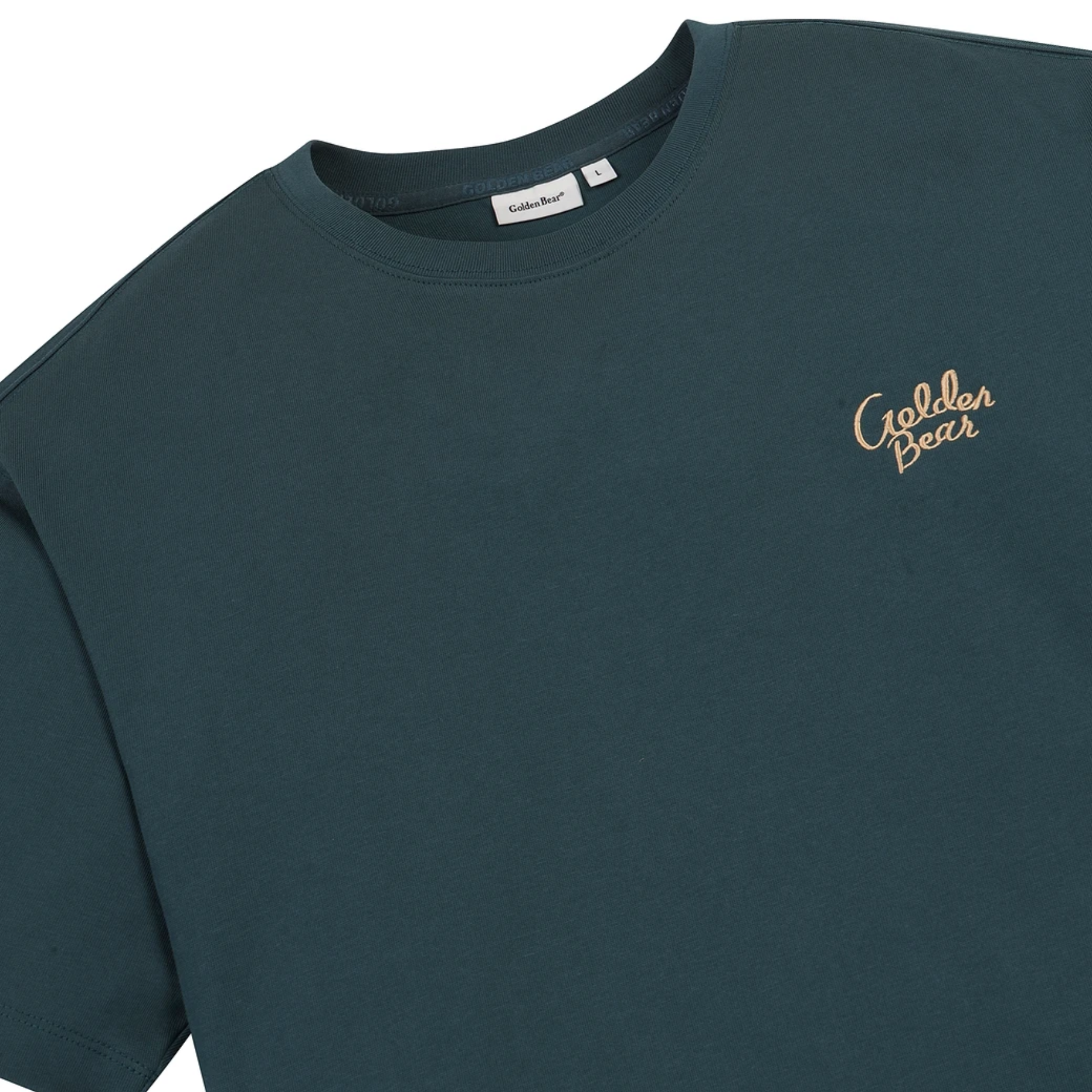 A close-up of a dark teal crewneck sweatshirt with a small gold embroidered 'Golden Bear' logo on the left chest, shown against a plain white background.