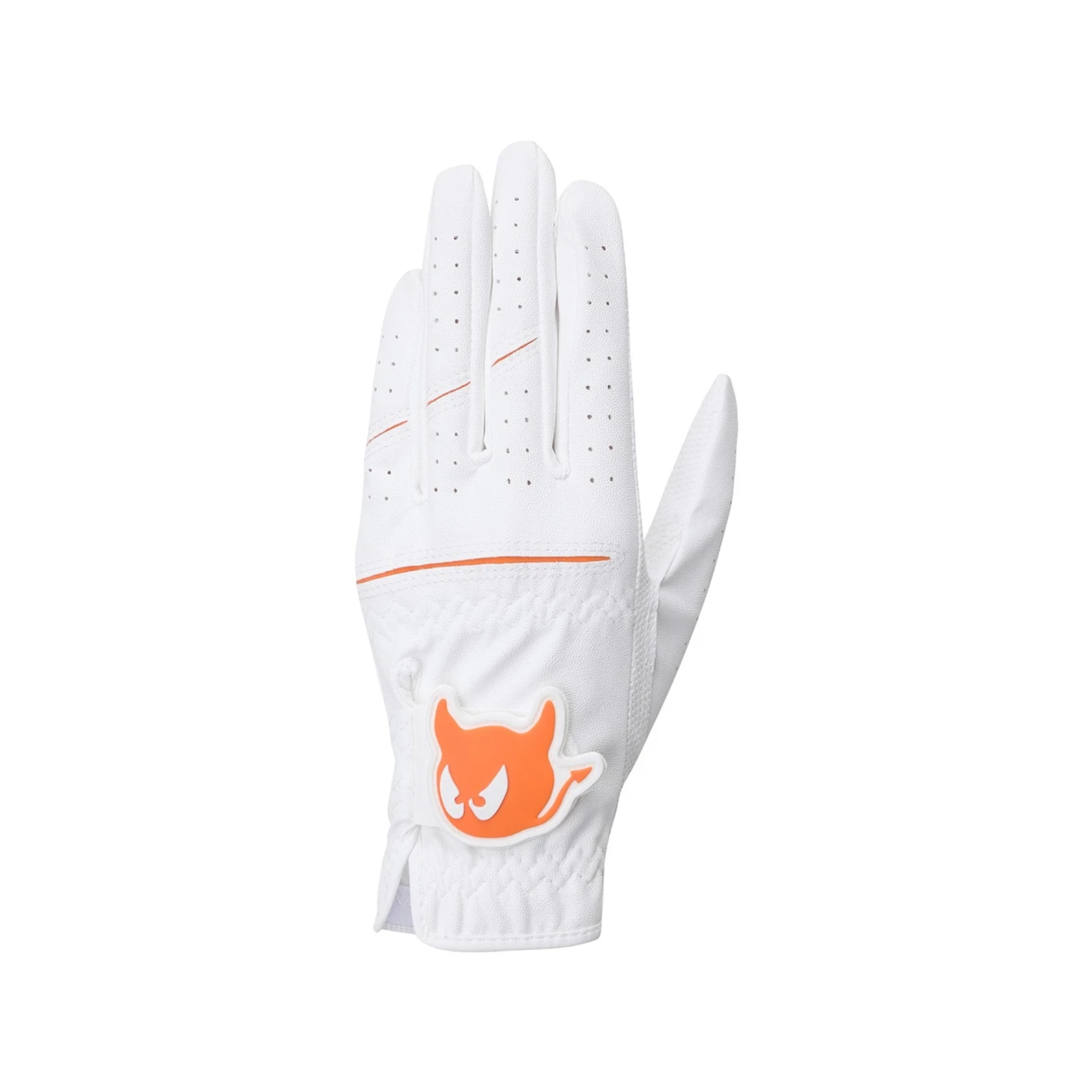 A white golf glove with an orange devil logo and thin orange line details, shown against a plain white background.