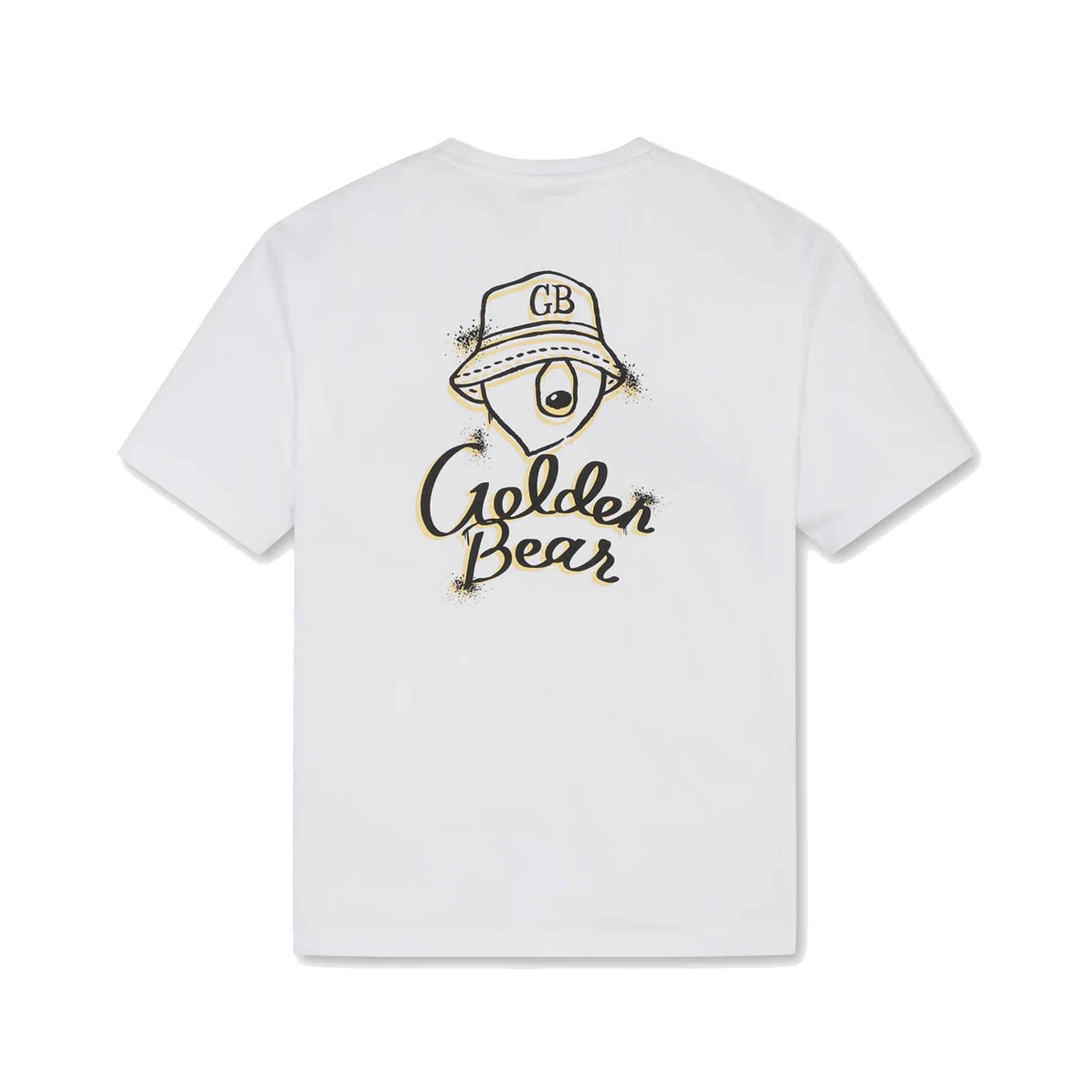 A white short-sleeve t-shirt with a graphic print on the front. The graphic features a stylized eye wearing a bucket hat with 'GB' written on it, above the words 'Golden Bear' in a cursive font.