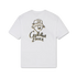 A white short-sleeve t-shirt with a graphic print on the front. The graphic features a stylized eye wearing a bucket hat with &
