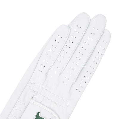 A close-up of a white golf glove with perforated finger panels and a small green logo near the cuff, shown on a plain white background.