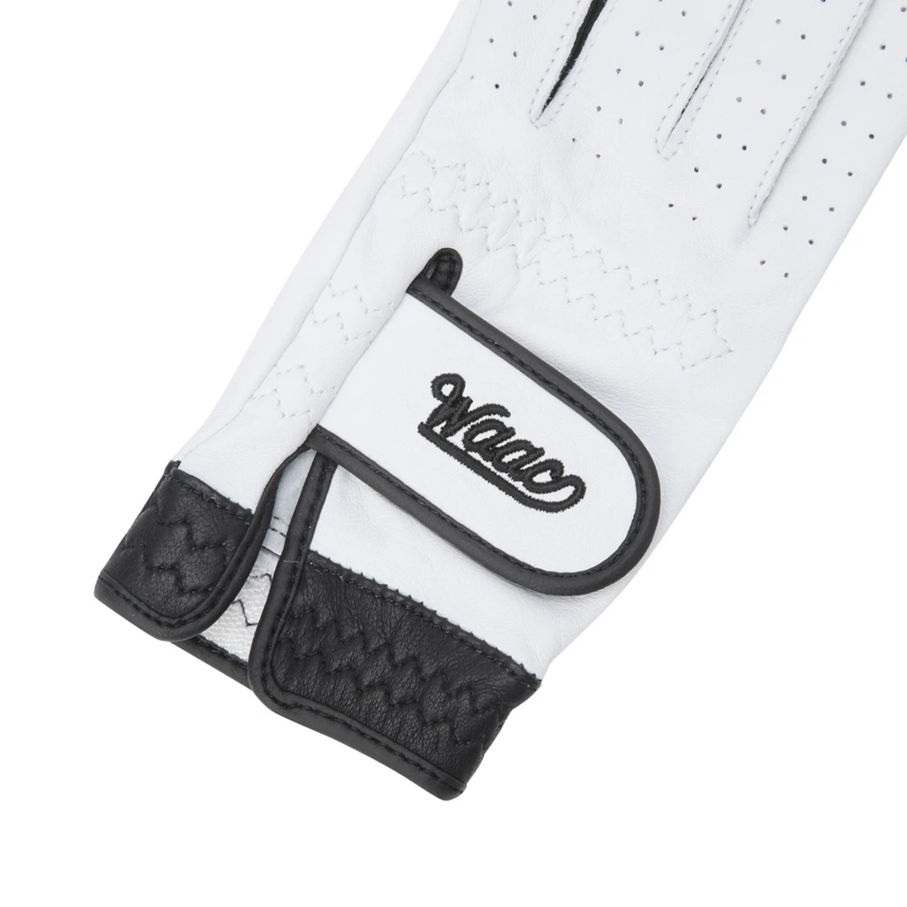 A close-up of a white golf glove with black trim, featuring a black embroidered 'Waco' logo on the wrist strap and black textured leather trim at the cuff, set against a plain white background.