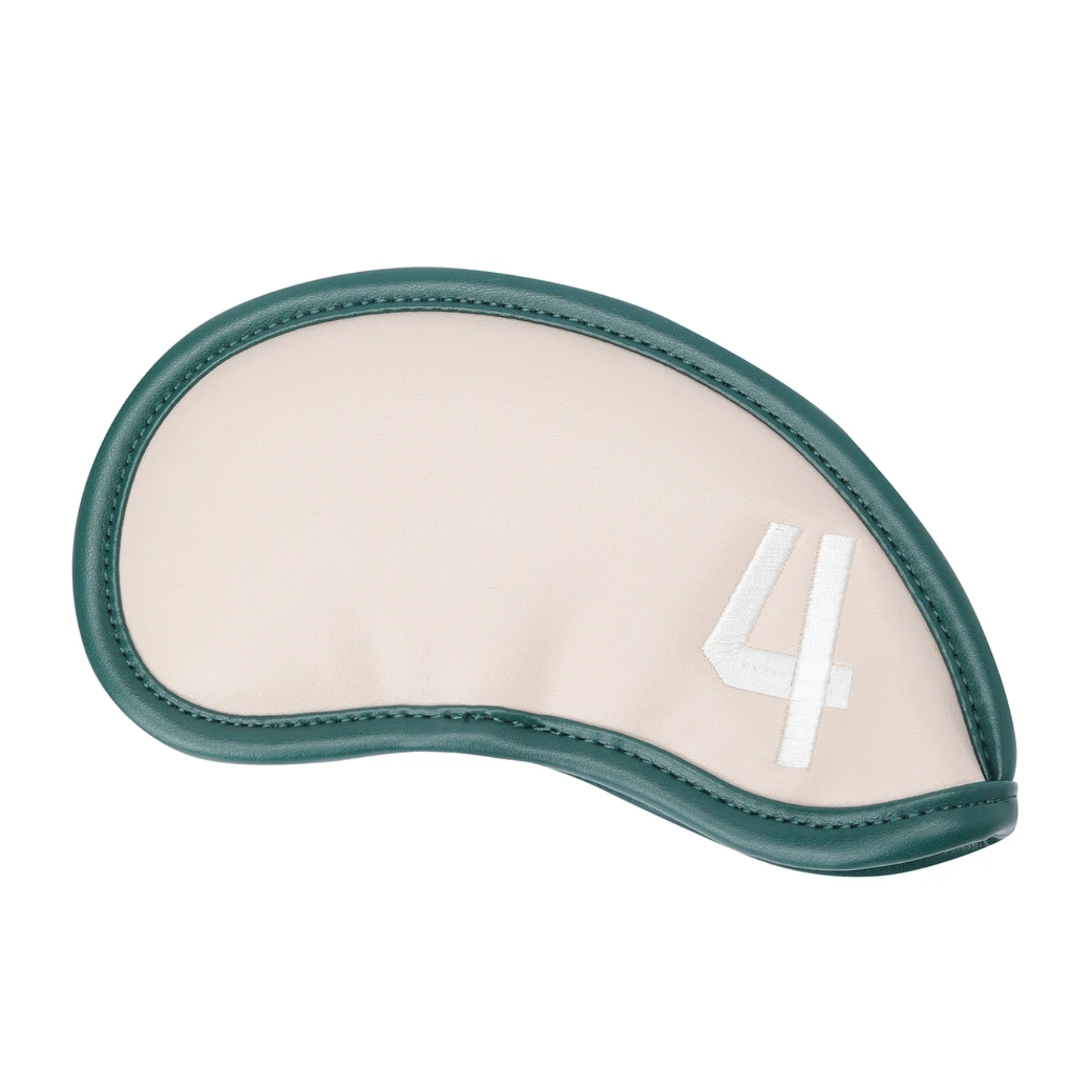 A golf putter head cover with a dark teal-green stitched leather border and a light beige center panel featuring a white '4' logo, shown on a plain white background.