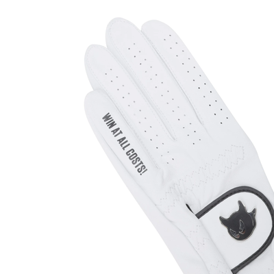 A white golf glove with perforated details, featuring the text 'WIN AT ALL COSTS!' on the back of the hand and a black cat logo patch on the wrist strap.