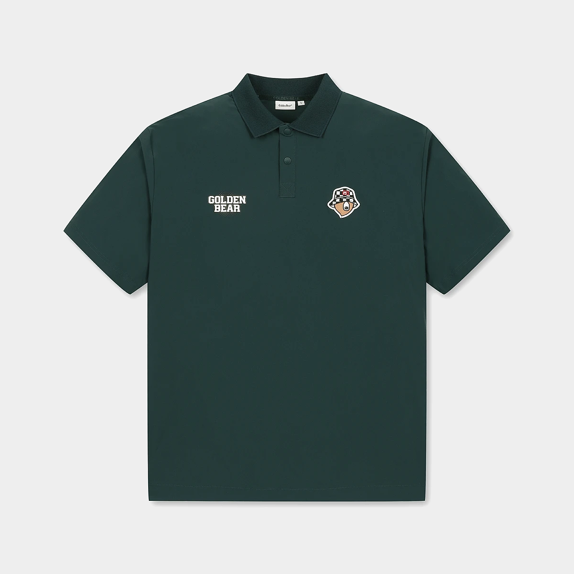 A dark forest green short-sleeve polo shirt with a collar and a two-button placket. It features 'GOLDEN BEAR' printed in white on the left chest and a small multicolor bear head patch on the right chest, displayed against a light gray background.