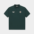 A dark forest green short-sleeve polo shirt with a collar and a two-button placket. It features &