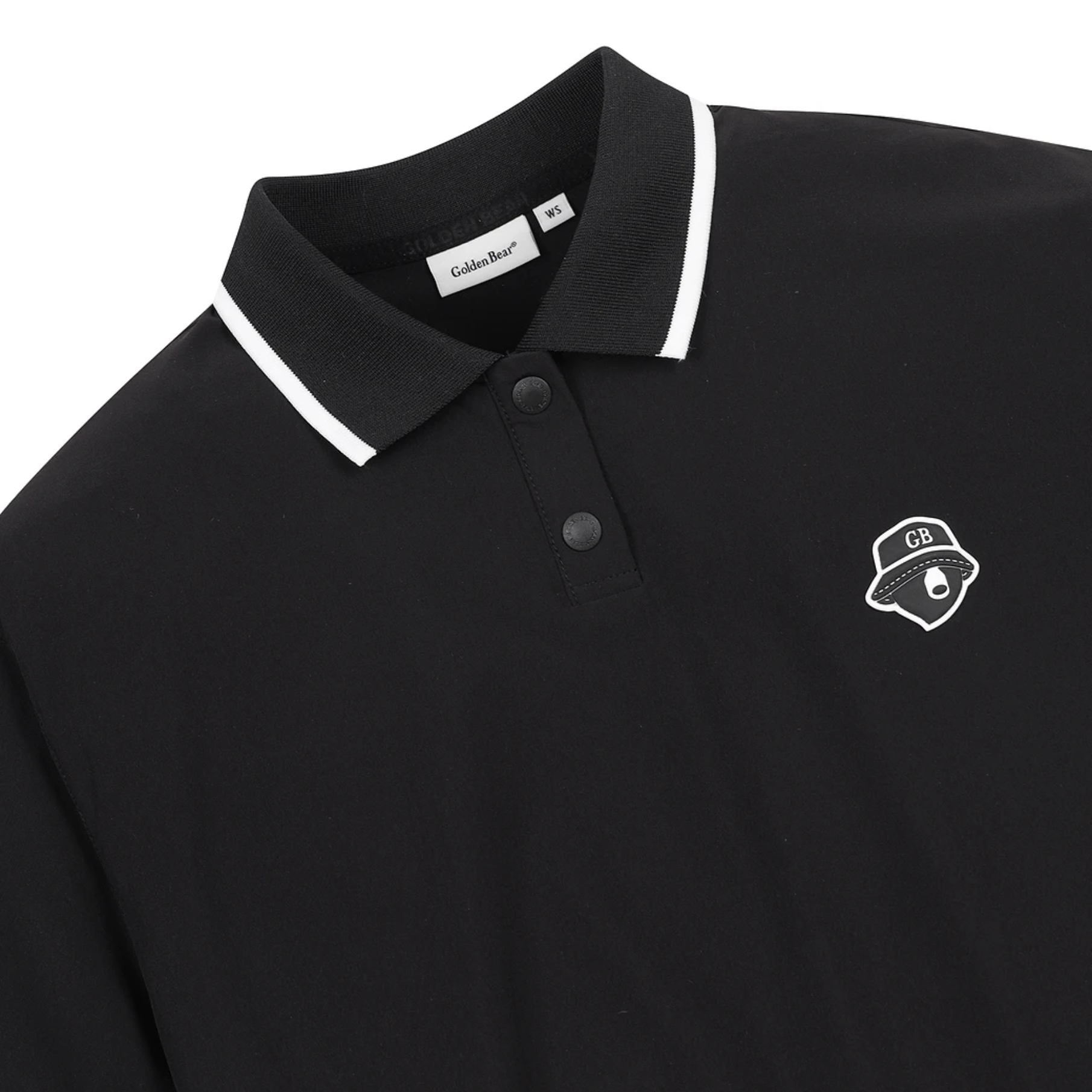 A close-up of a black polo shirt with white contrast piping on the collar and a white embroidered chest logo on the left side, shown against a plain white background.