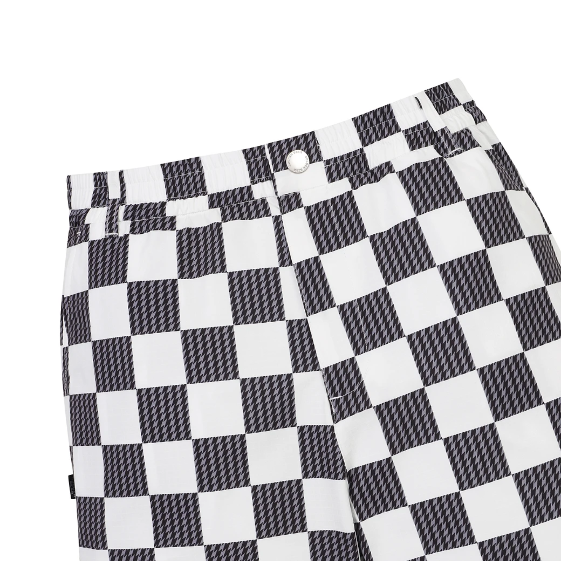 Black and white checkered shorts with a textured pattern, featuring a button closure and belt loops, shown on a plain white background.