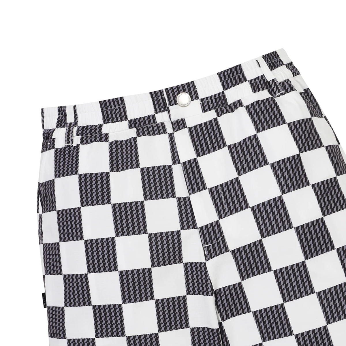 Black and white checkered shorts with a textured pattern, featuring a button closure and belt loops, shown on a plain white background.