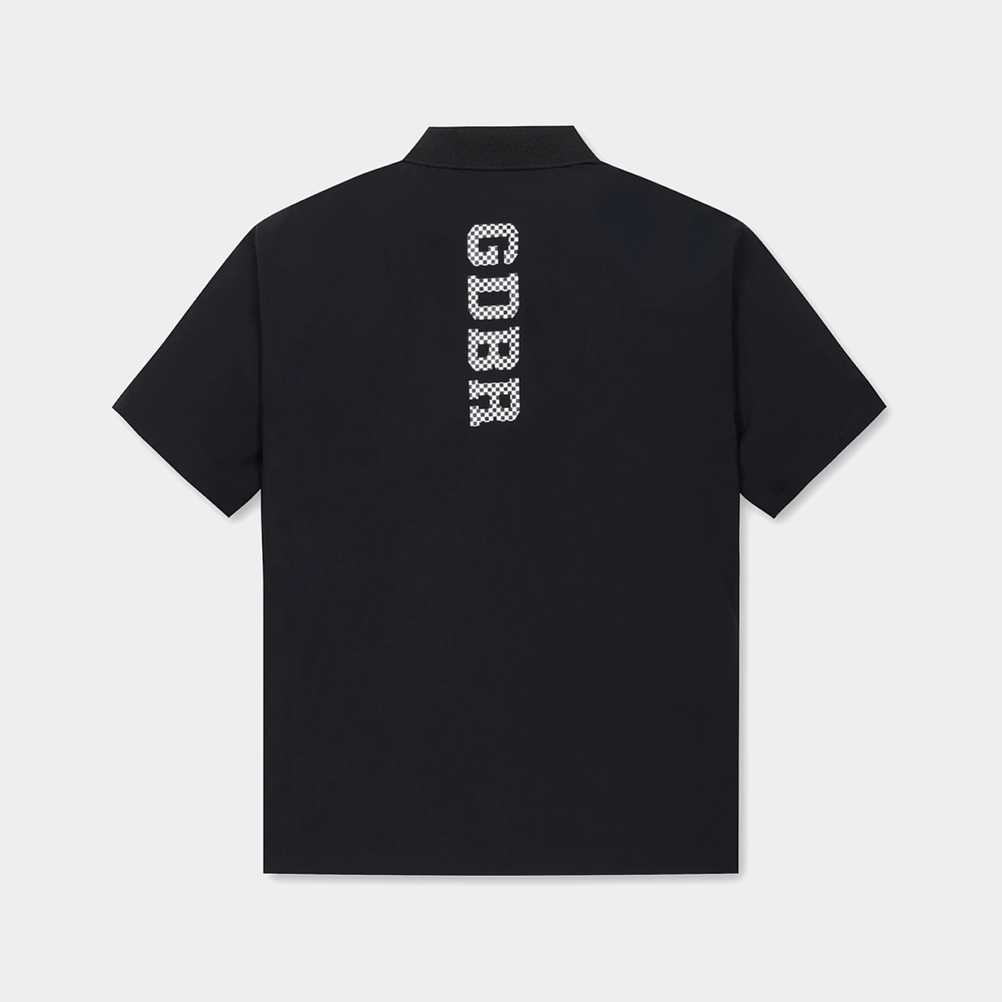 A black short-sleeve polo shirt shown from the back, featuring a vertical white 'GARR' logo printed on the back collar area, set against a light gray background.