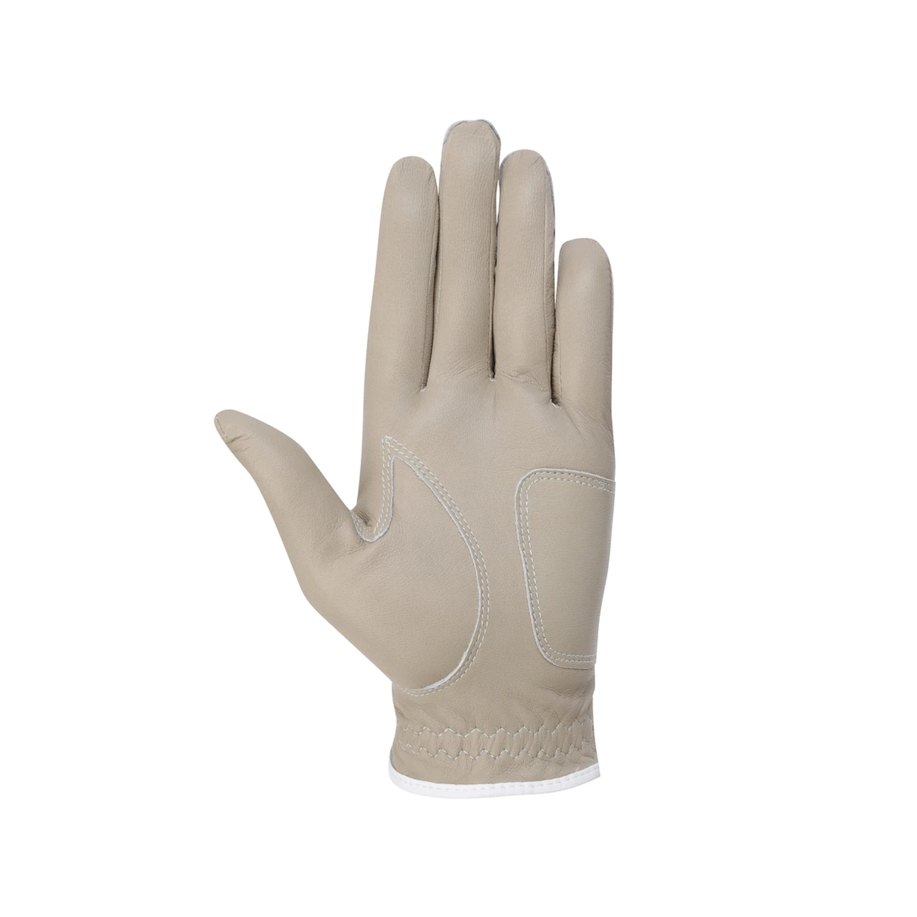 A single light beige leather glove shown from the back, featuring white contrast stitching and a white cuff trim, set against a plain white background.