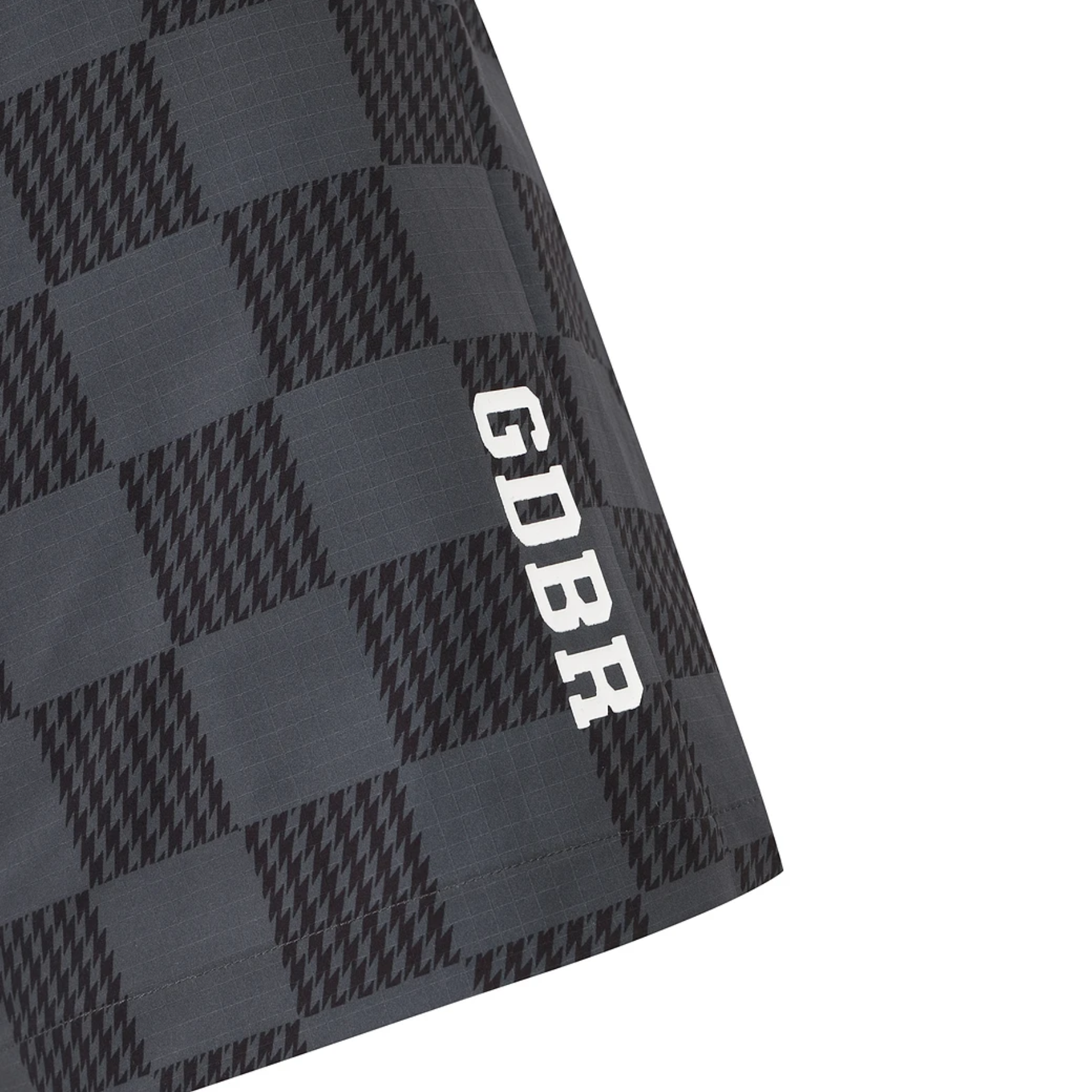 Close-up of a dark gray and black checkered patterned fabric with the white text 'GDBR' printed vertically on the side, set against a plain white background.