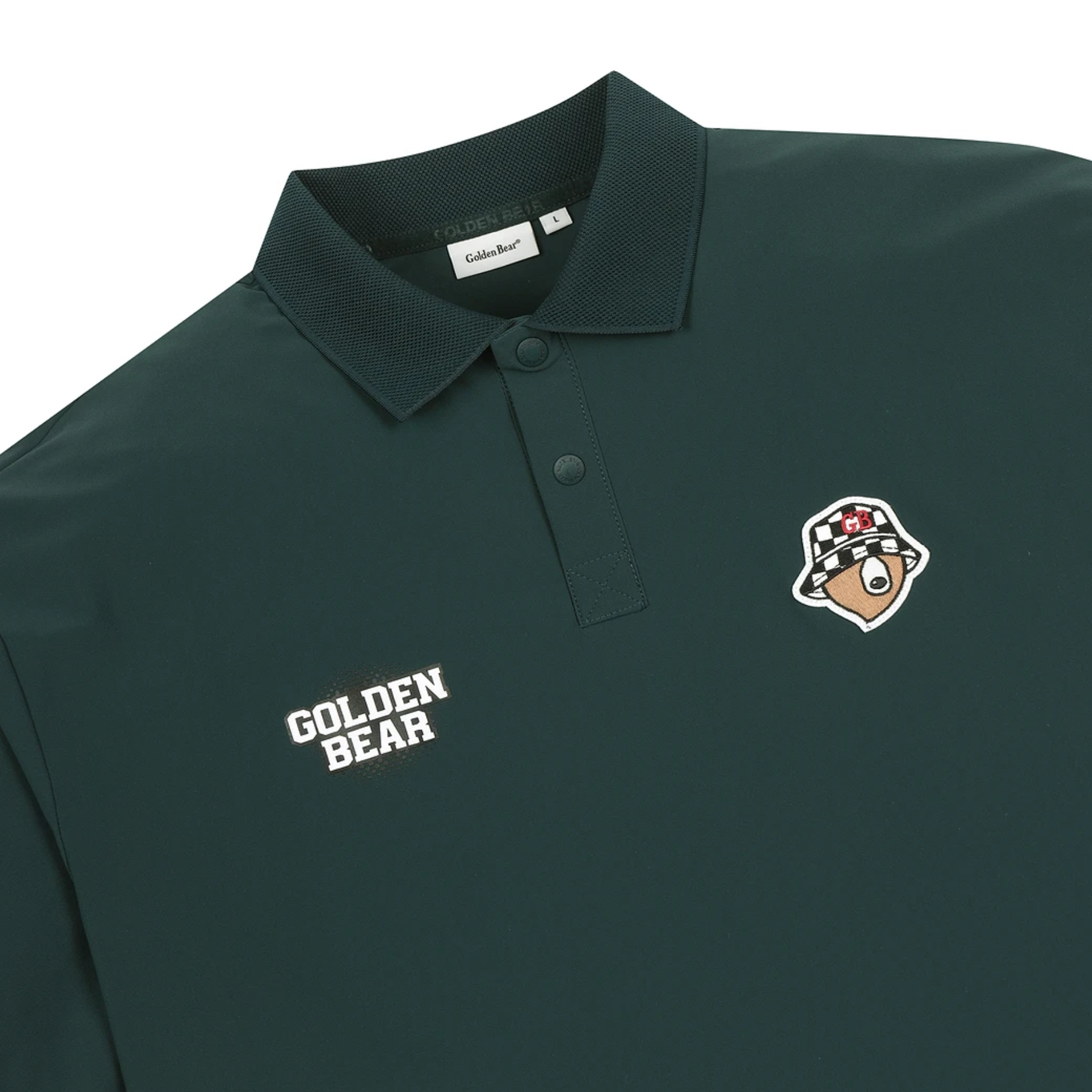 A dark forest green polo shirt with 'GOLDEN BEAR' embroidered in white on the left chest and a cartoon bear head logo on the right chest, shown on a plain white background.