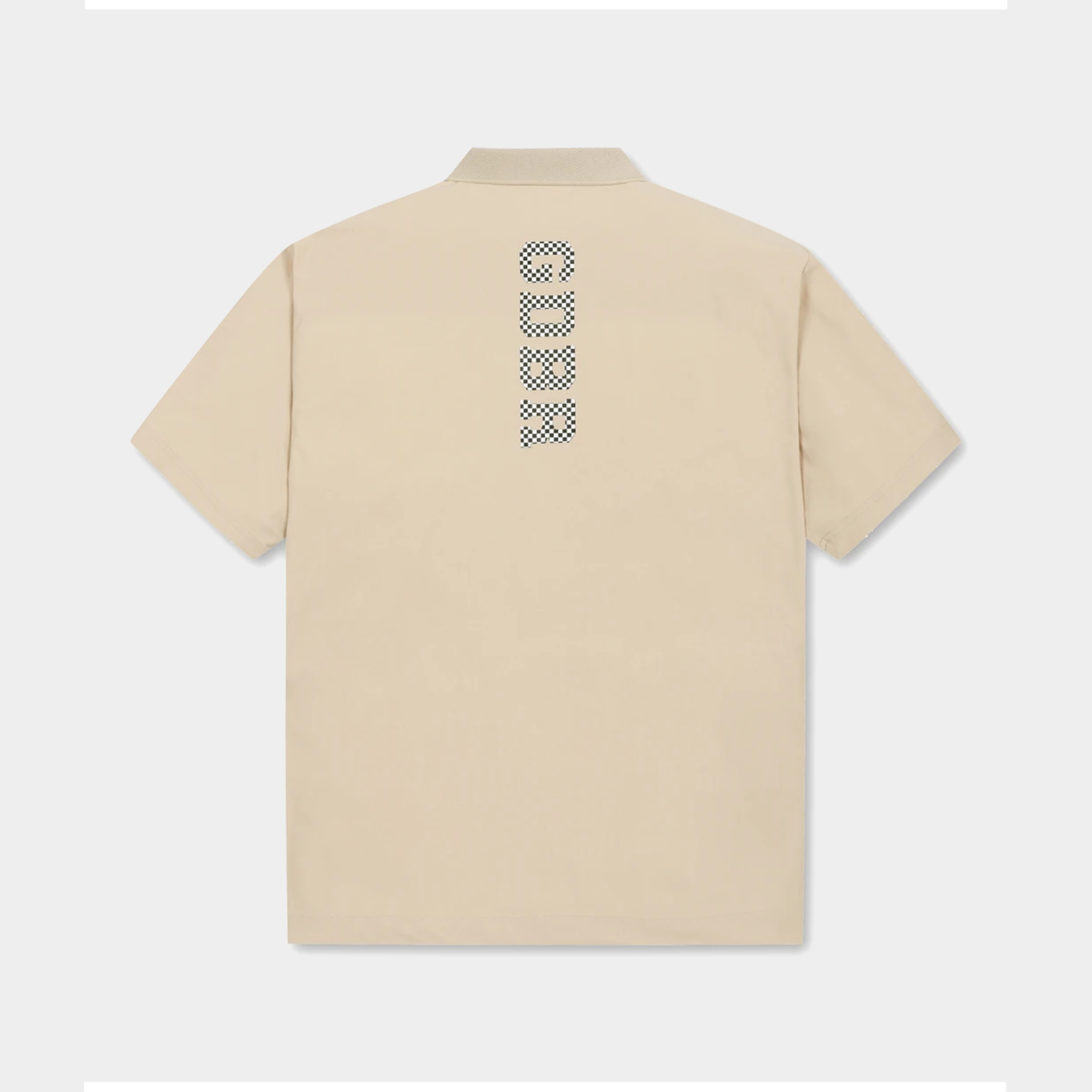 A beige short-sleeve polo shirt shown from the back, featuring a vertical graphic print of the word 'OMEGA' in a black-and-white checkered pattern on the upper back.
