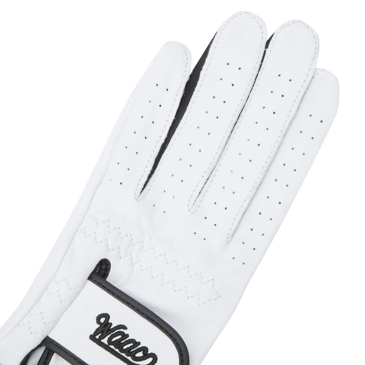 Close-up of the Women's Color Golf Glove in black and white, highlighting the premium white leather, perforated fingers for breathability, black trim, and adjustable wrist closure with embroidered logo.