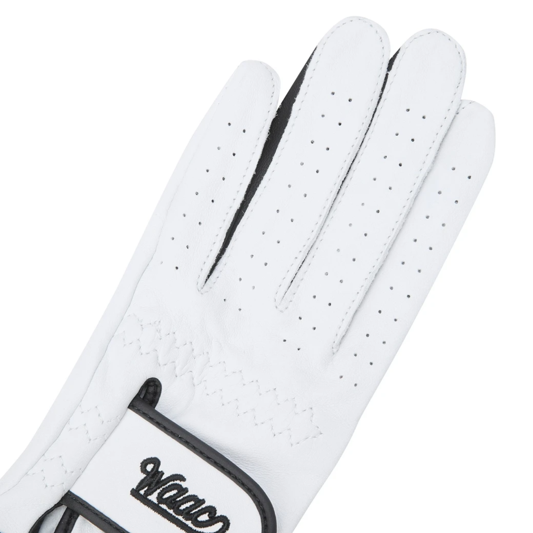 Close-up of the Women's Color Golf Glove in black and white, highlighting the premium white leather, perforated fingers for breathability, black trim, and adjustable wrist closure with embroidered logo.
