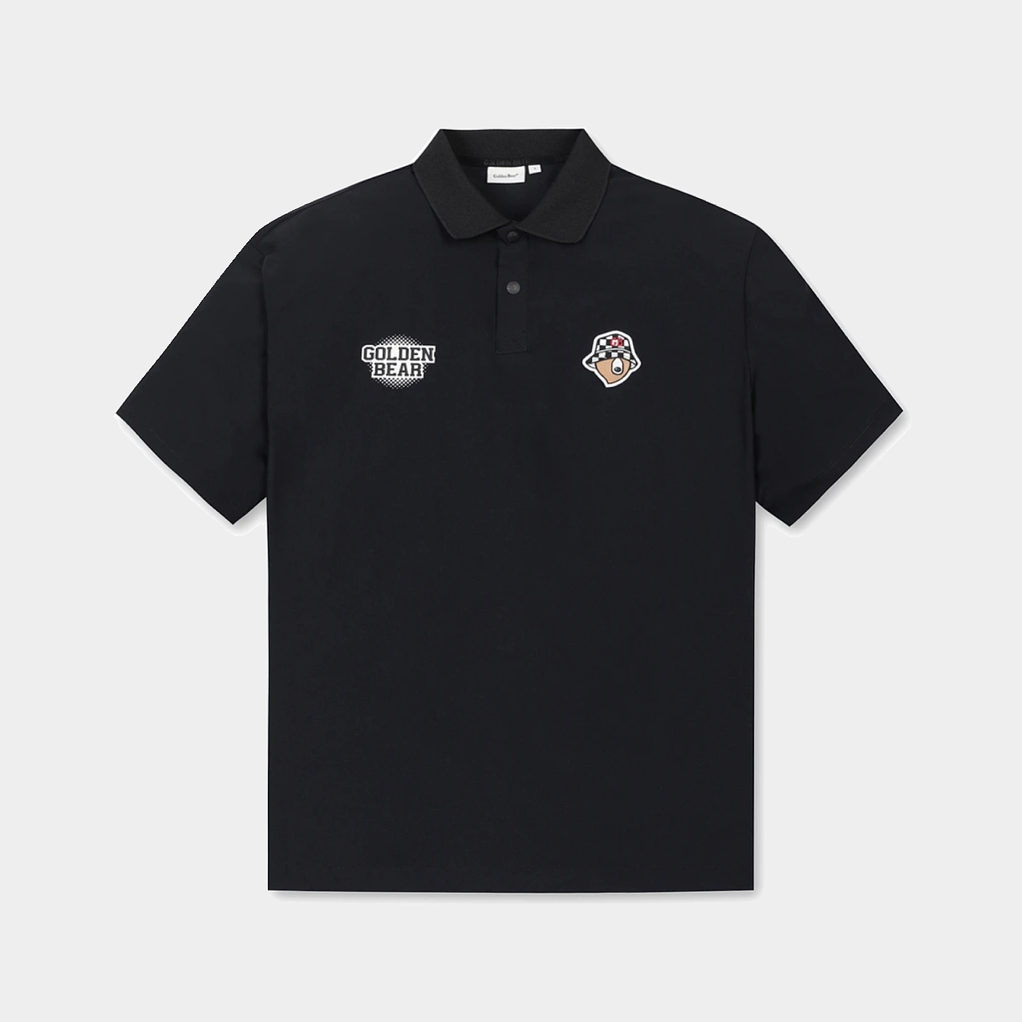 A black short-sleeve polo shirt with a two-button collar, featuring a white embroidered 'GOLDEN BEAR' patch on the left chest and a smaller multicolor bear patch on the right chest, displayed against a light gray background.
