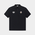 A black short-sleeve polo shirt with a two-button collar, featuring a white embroidered &
