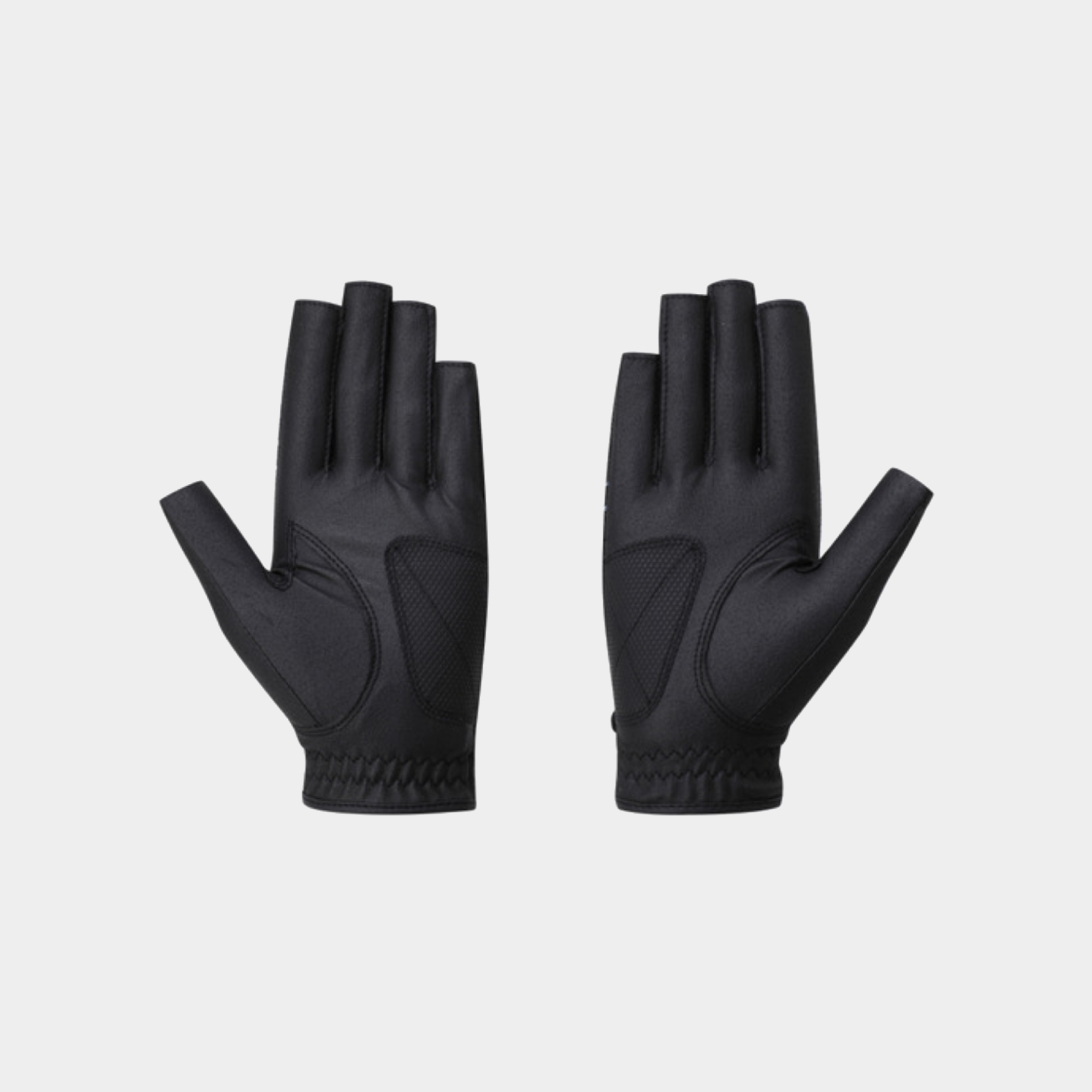 A pair of black fingerless gloves shown flat against a light gray background.