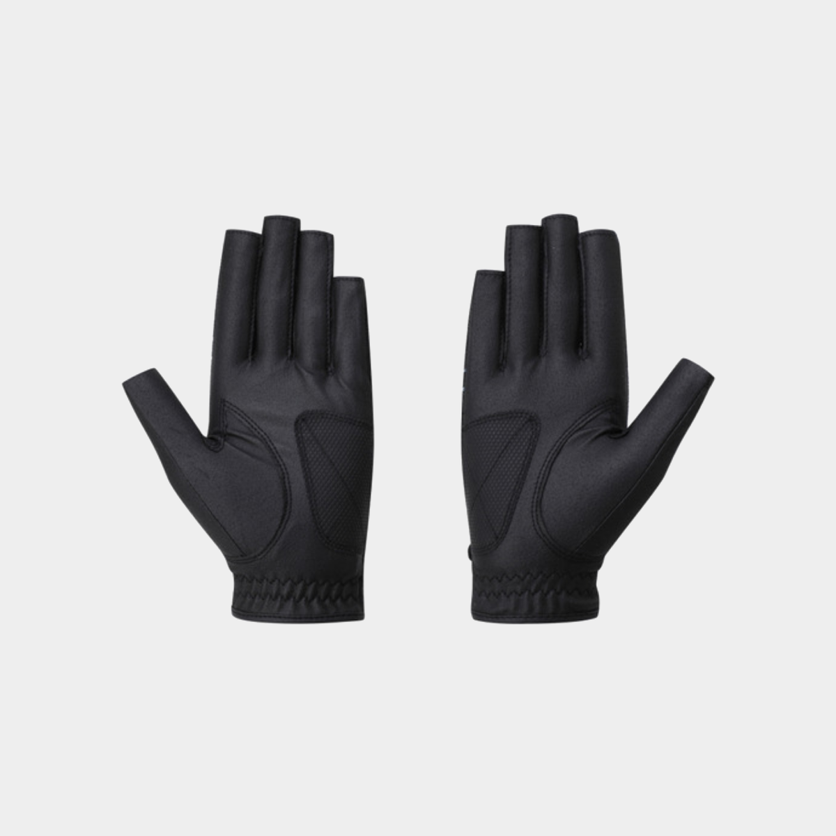 A pair of black fingerless gloves shown flat against a light gray background.