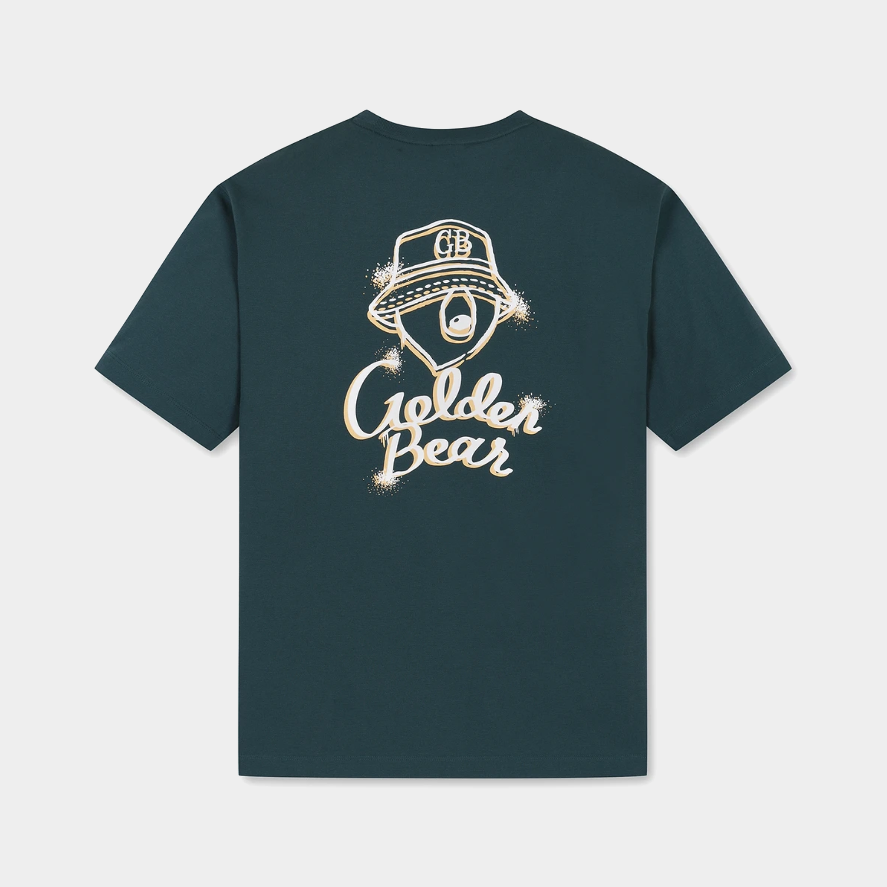 A dark teal green short-sleeve t-shirt with a distressed cream graphic on the front featuring a bear wearing a hat and the text 'Golden Bear'.