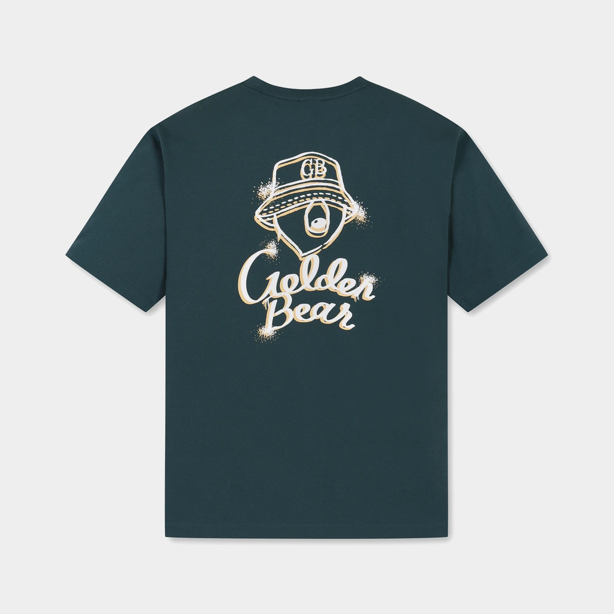 A dark teal green short-sleeve t-shirt with a distressed cream graphic on the front featuring a bear wearing a hat and the text 'Golden Bear'.