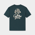 A dark teal green short-sleeve t-shirt with a distressed cream graphic on the front featuring a bear wearing a hat and the text &