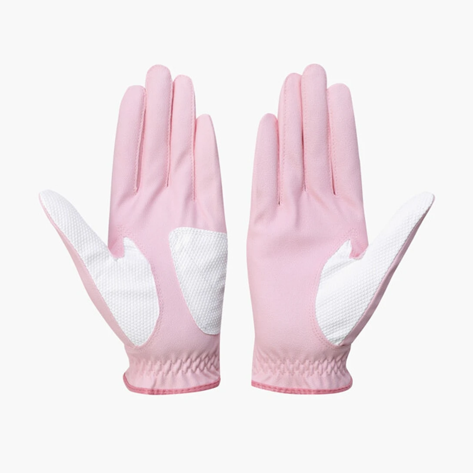 A pair of light pink gardening gloves with white textured grip panels on the palms and fingers, shown against a plain light gray background.