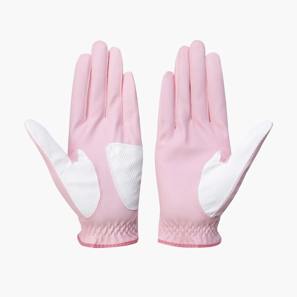 A pair of light pink gardening gloves with white textured grip panels on the palms and fingers, shown against a plain light gray background.