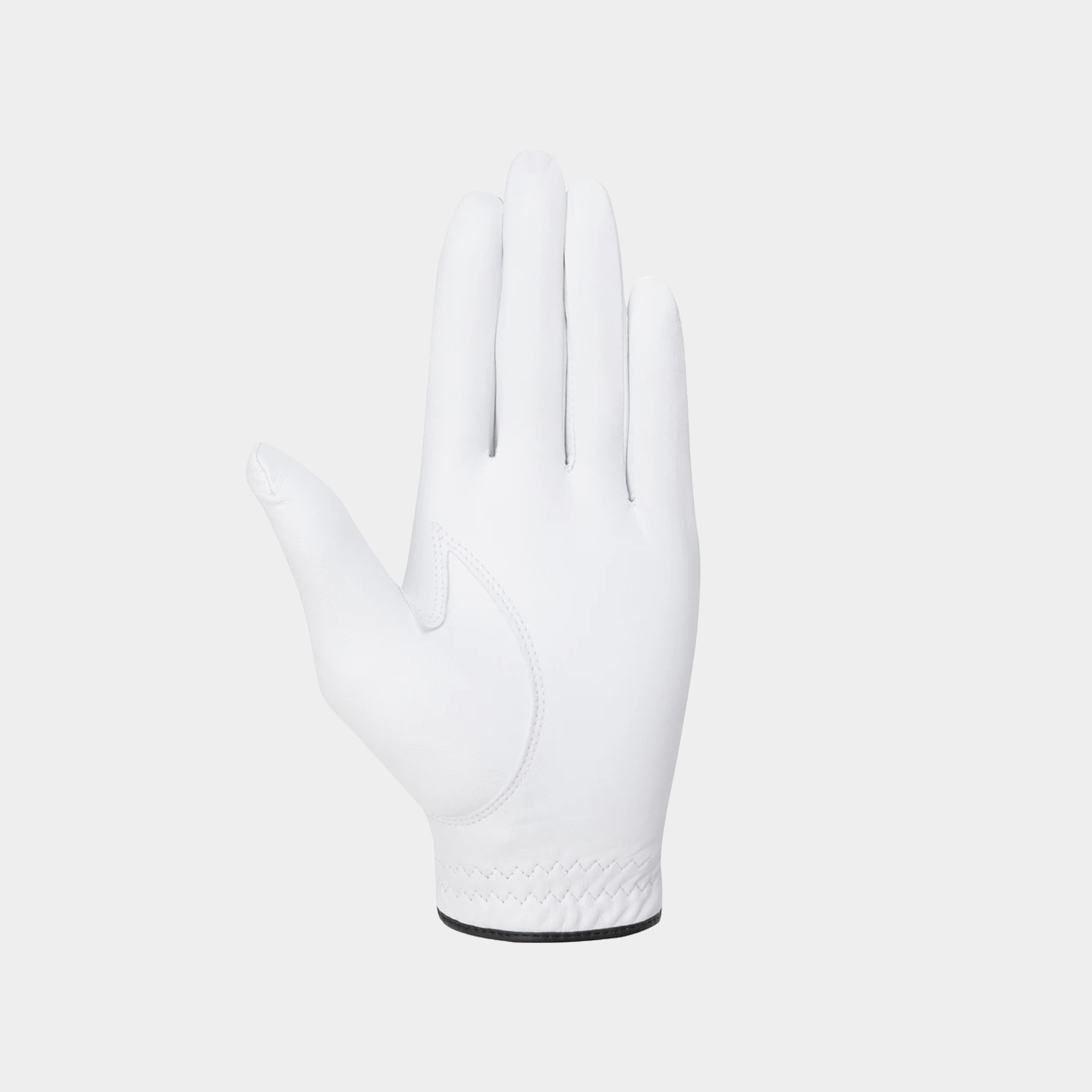 A single white golf glove shown from the back, featuring a textured knit cuff with a thin black trim, set against a solid light gray background.