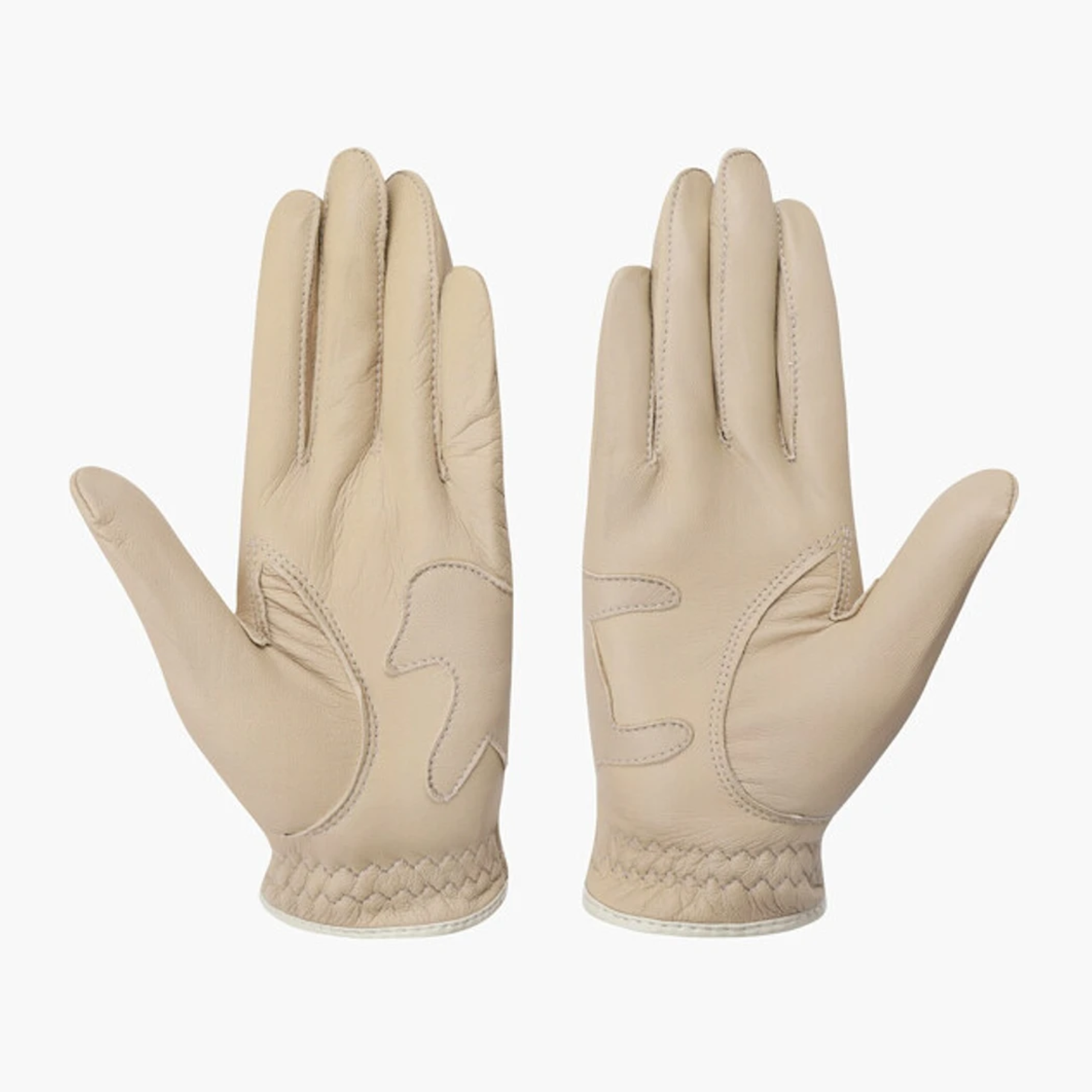 A pair of light beige leather gloves shown flat against a light gray background, displaying both the back of one glove and the palm of the other.